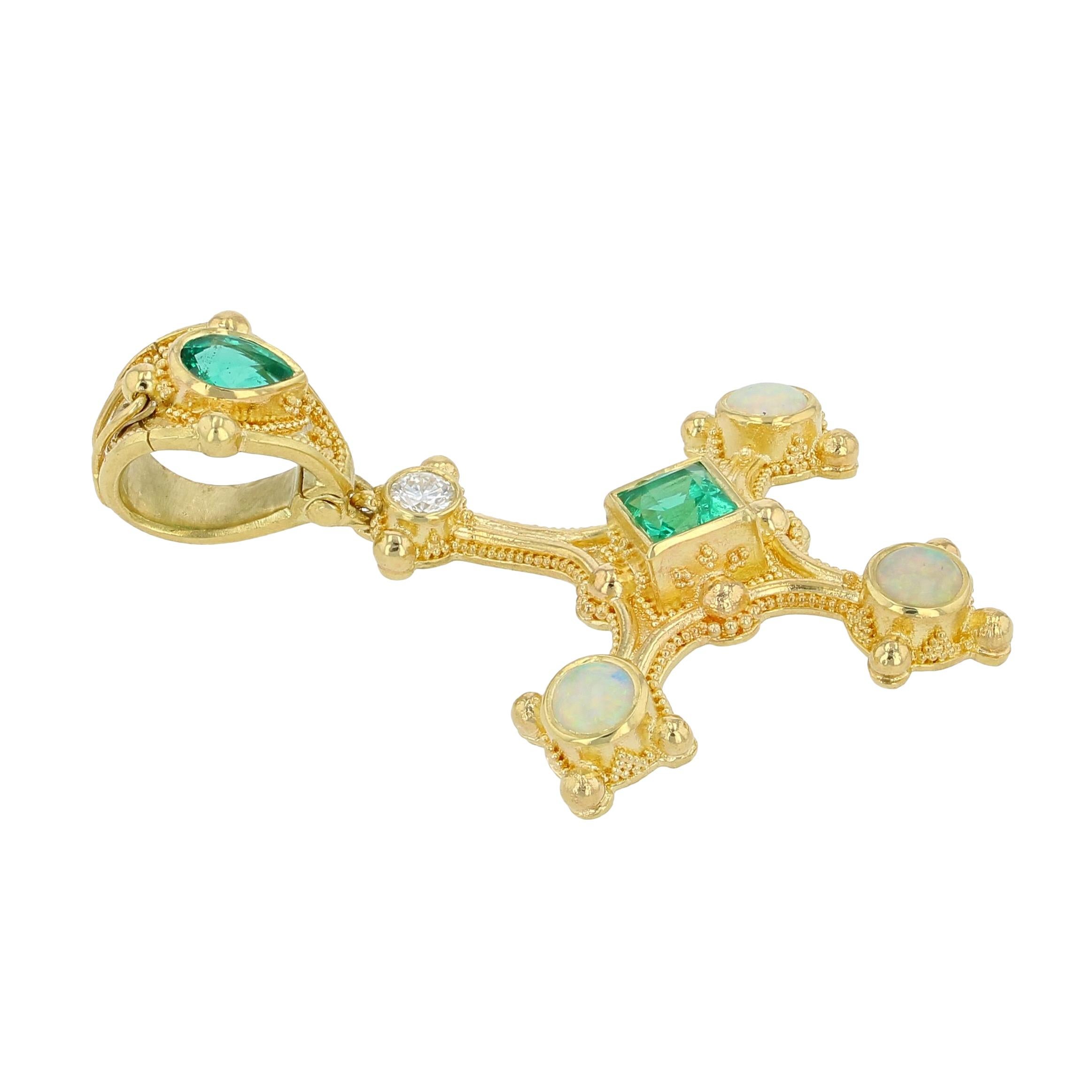 Kent Raible 18 Karat Gold Cross Pendant with Emerald, Opal, Diamond, Granulation For Sale 2