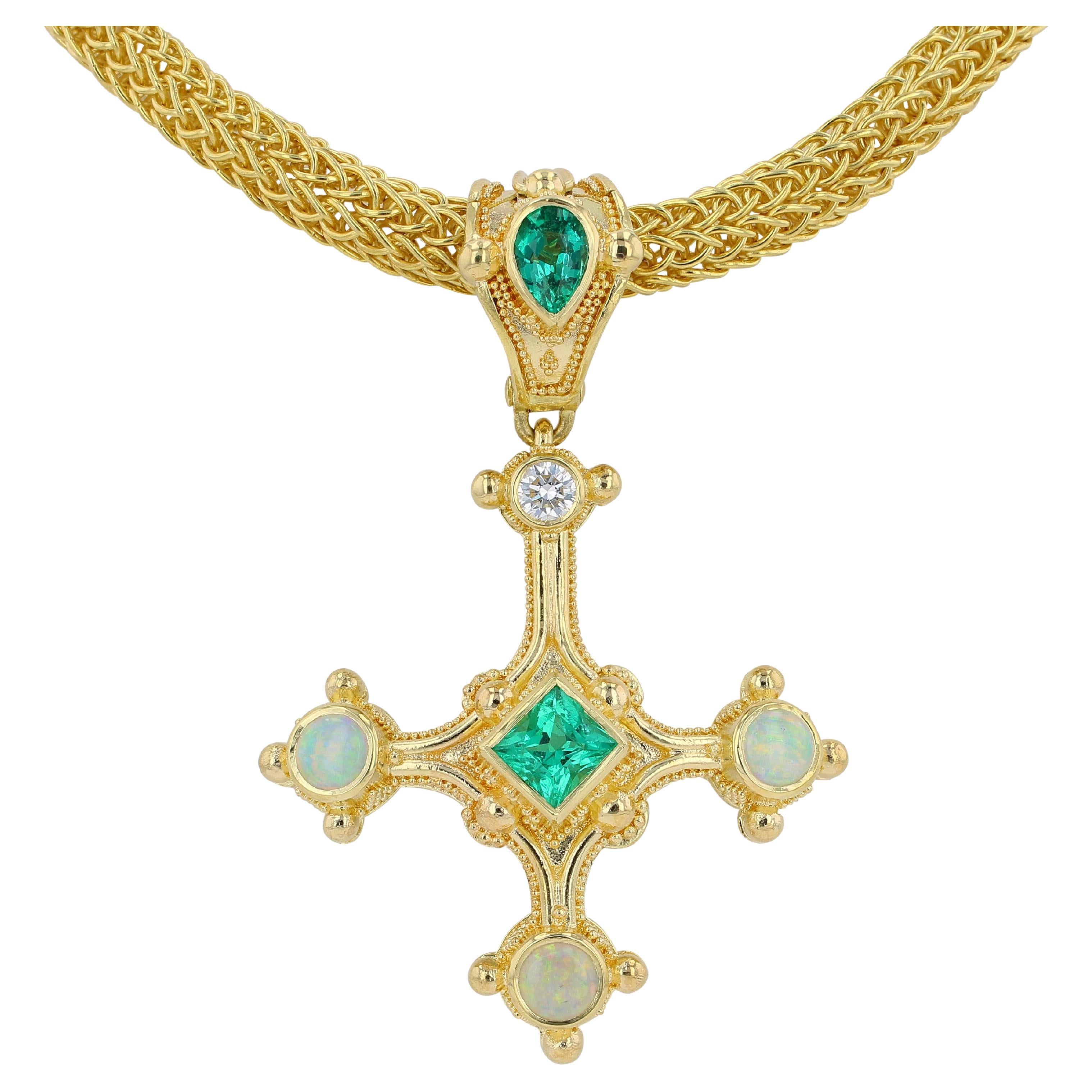 Kent Raible 18 Karat Gold Cross Pendant with Emerald, Opal, Diamond, Granulation