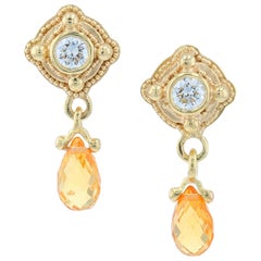 Boucles d'oreilles pendantes Kent Raible en or 18 carats, diamants et saphirs jaunes