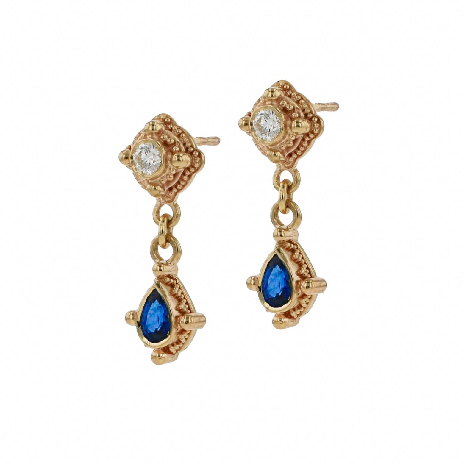 Mixed Cut Kent Raible 18 Karat Gold, Diamond, Blue Sapphire Drop Earrings with Granulation For Sale