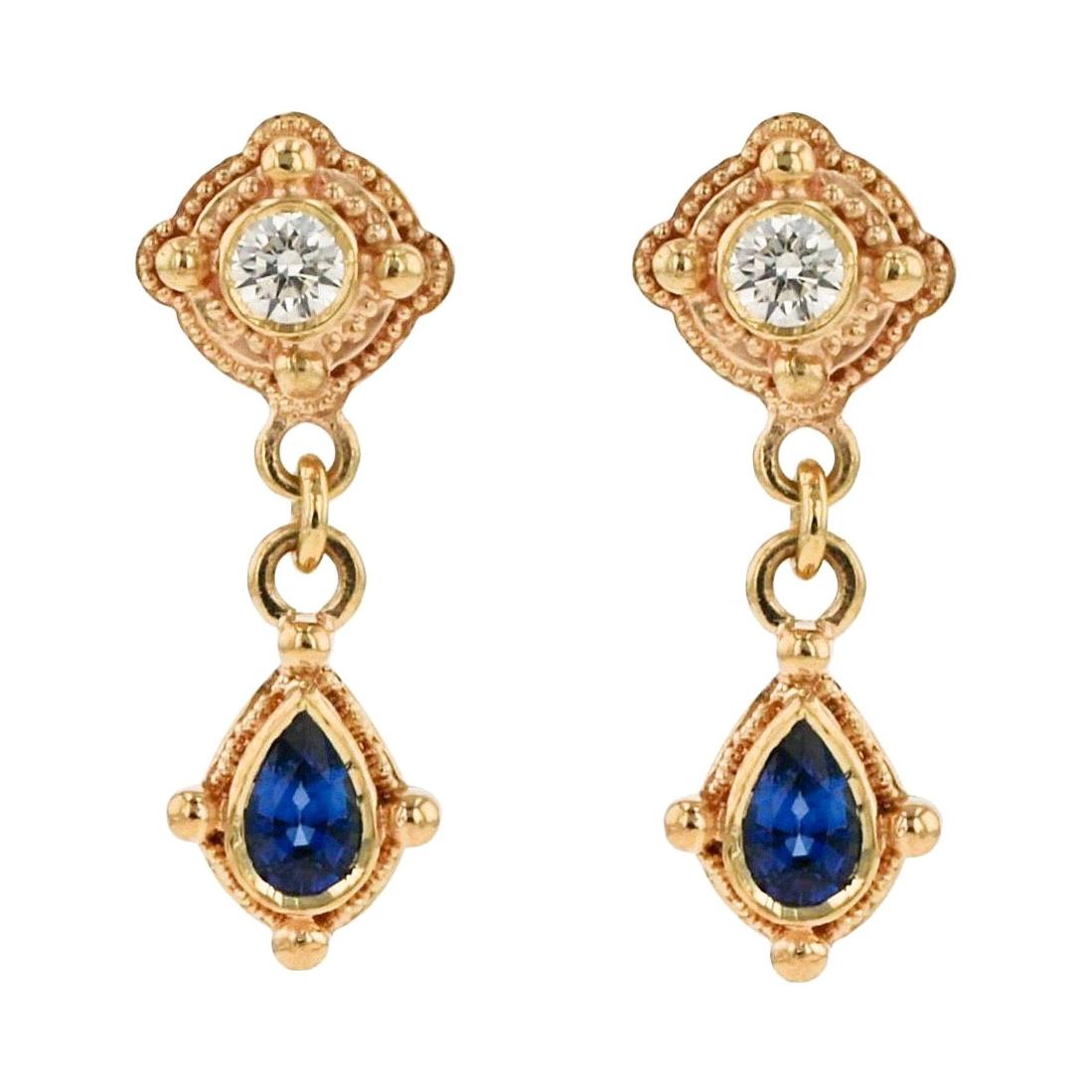 Kent Raible 18 Karat Gold, Diamond, Blue Sapphire Drop Earrings with Granulation