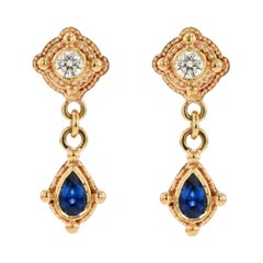 Kent Raible Boucles d'oreilles en goutte en or 18 carats, diamants et saphirs bleus avec granulation