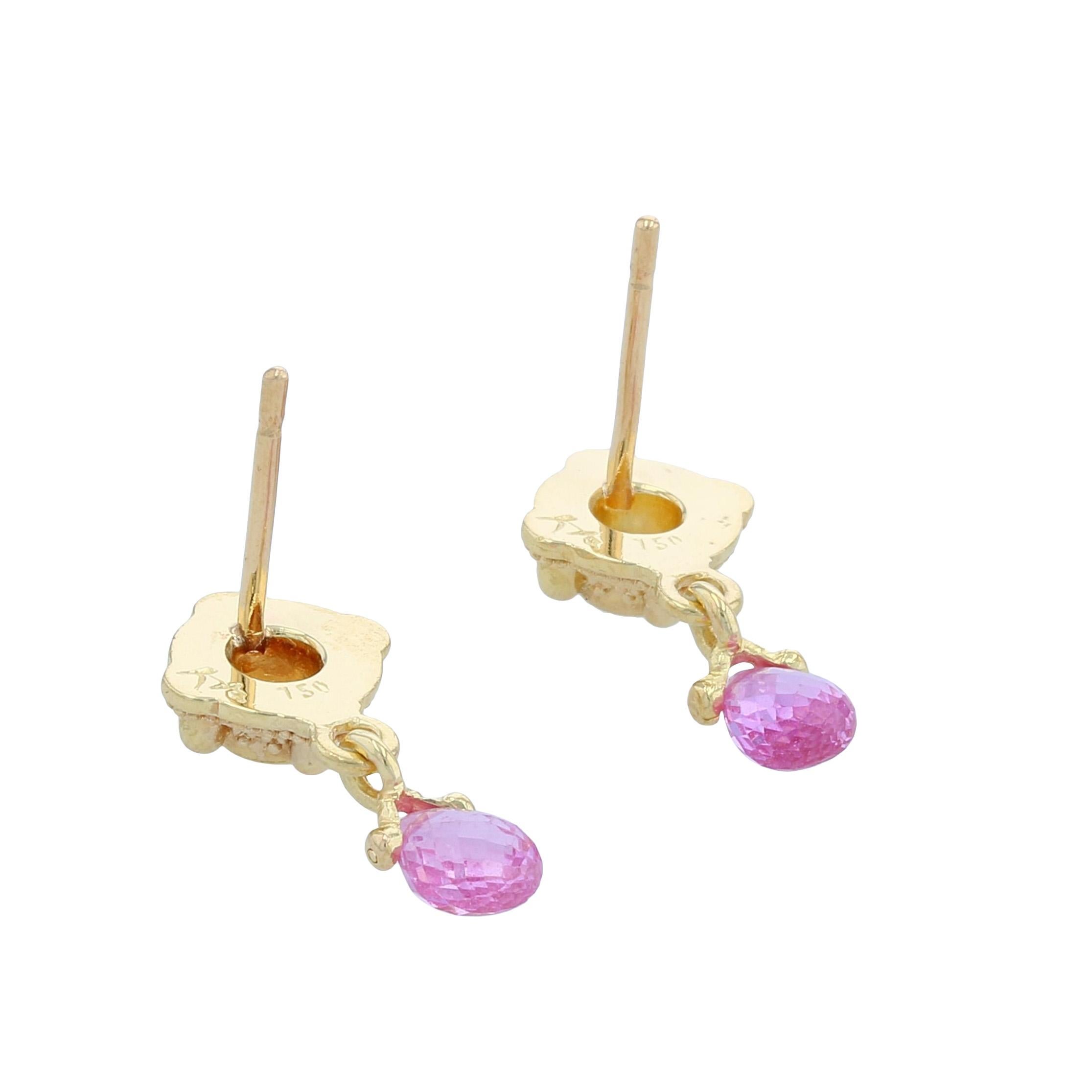 Artisan Kent Raible 18 Karat Gold, Diamond, Pink Sapphire Drop Earrings, Granulation