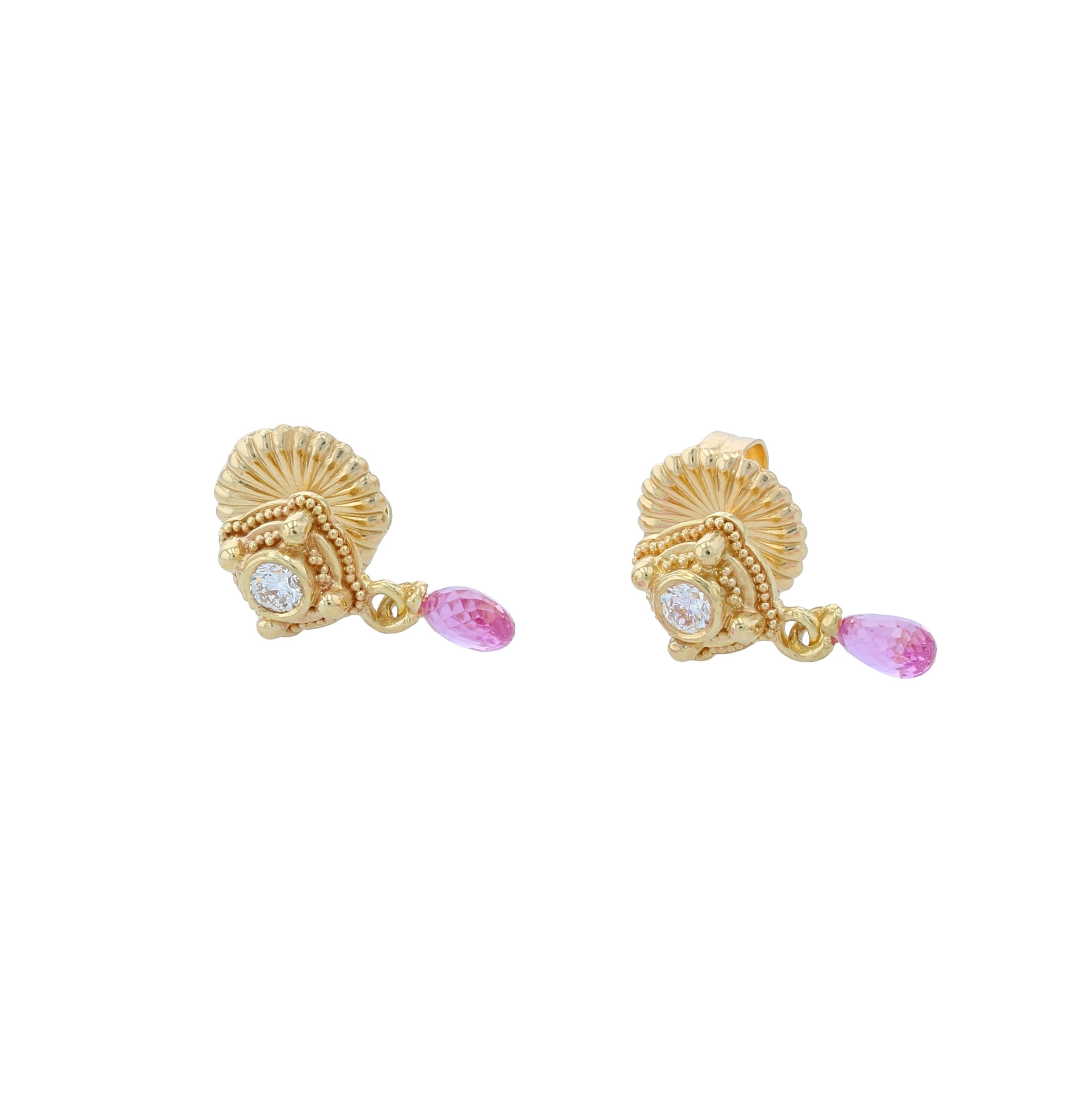 Kent Raible 18 Karat Gold, Diamond, Pink Sapphire Drop Earrings, Granulation In New Condition In Mossrock, WA