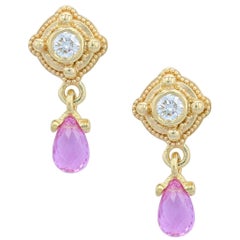 Kent Raible 18 Karat Gold, Diamond, Pink Sapphire Drop Earrings, Granulation