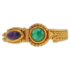 Kent Raible 18 Karat Gold Emerald and Amethyst Ring with fine Gold Granulation