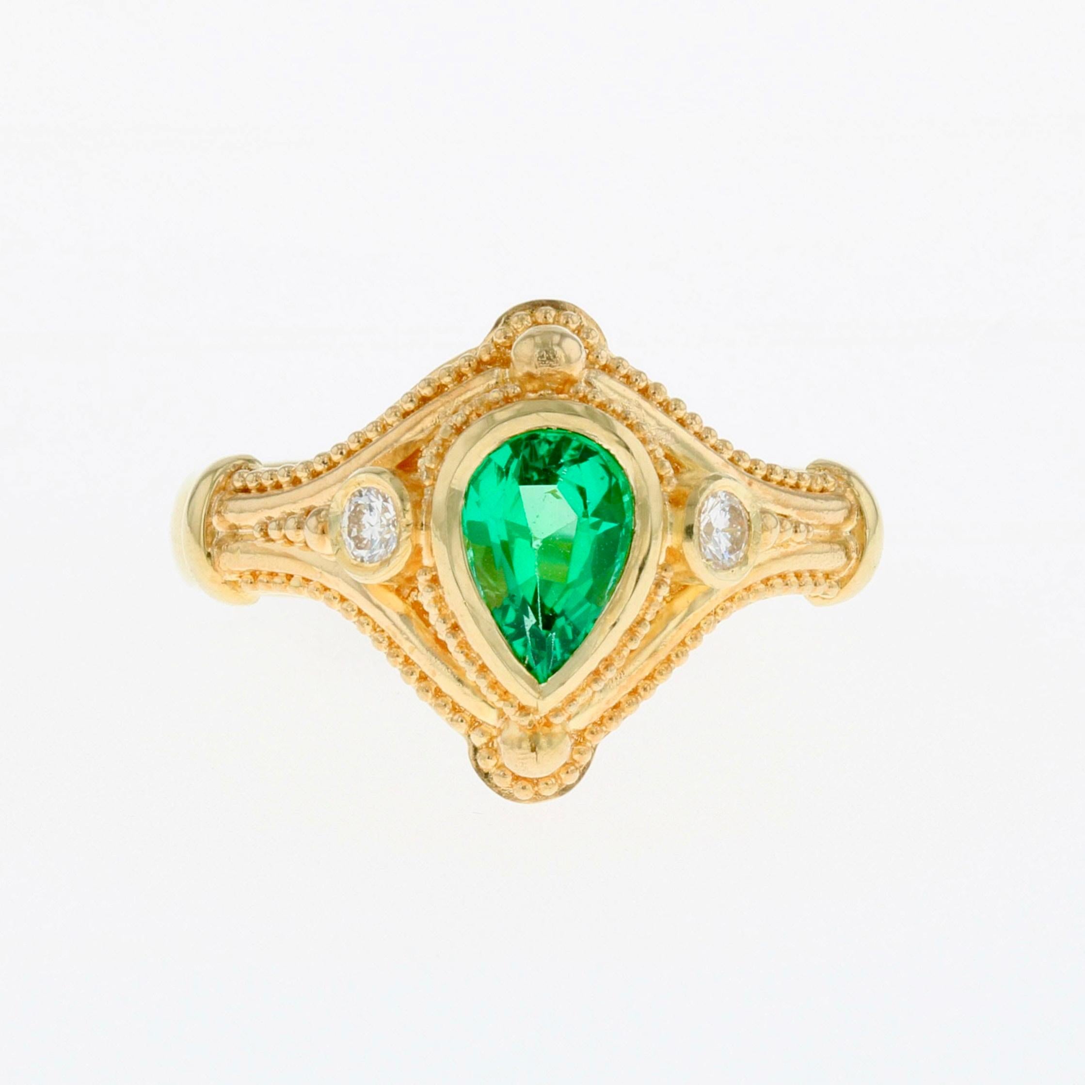 From the Kent Raible limited edition 'Studio Collection' we have a lovely .64 carat pear shaped Emerald with Diamonds set in 18 karat gold and fine granulation.

The classic style of this 'Tear Drop Ring' is lovely set with any gemstone of your