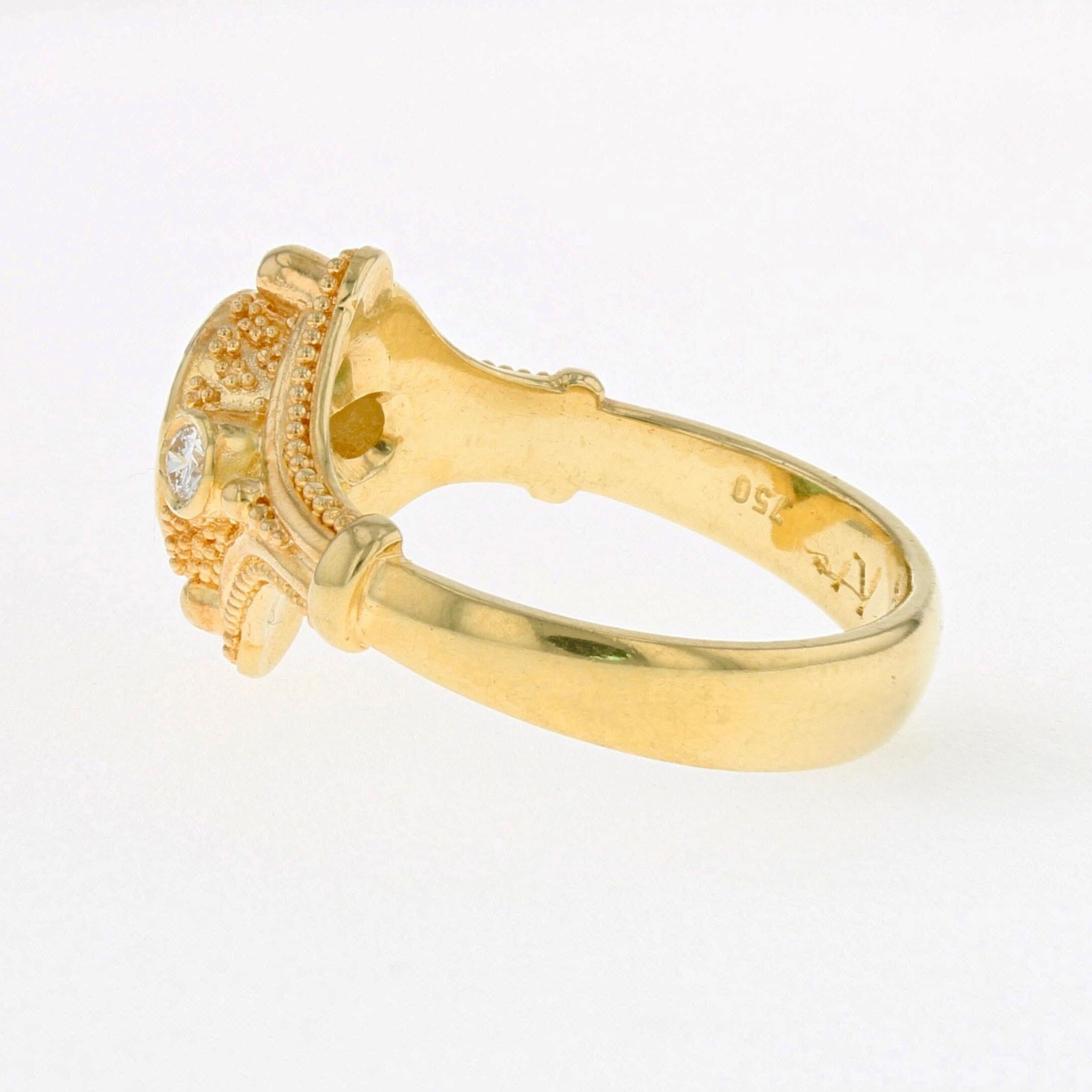 Pear Cut Kent Raible 18 Karat Gold Emerald and Diamond Three-Stone Ring with Granulation