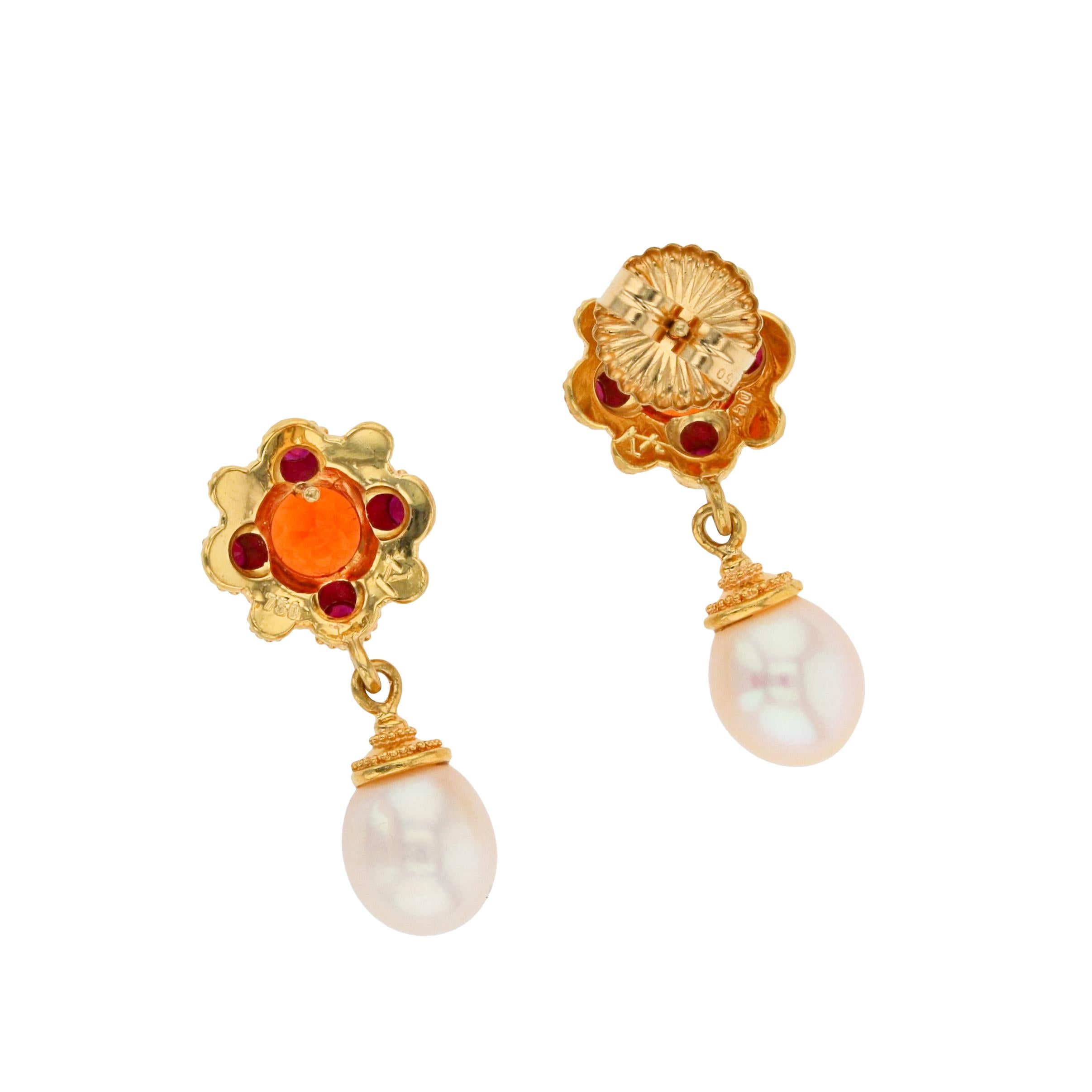 Artisan Kent Raible 18 karat Gold Flower Drop Earring, Mandarin Garnet, Ruby and Pearl For Sale