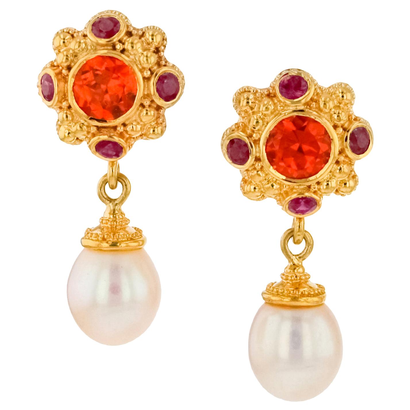 Kent Raible 18 karat Gold Flower Drop Earring, Mandarin Garnet, Ruby and Pearl