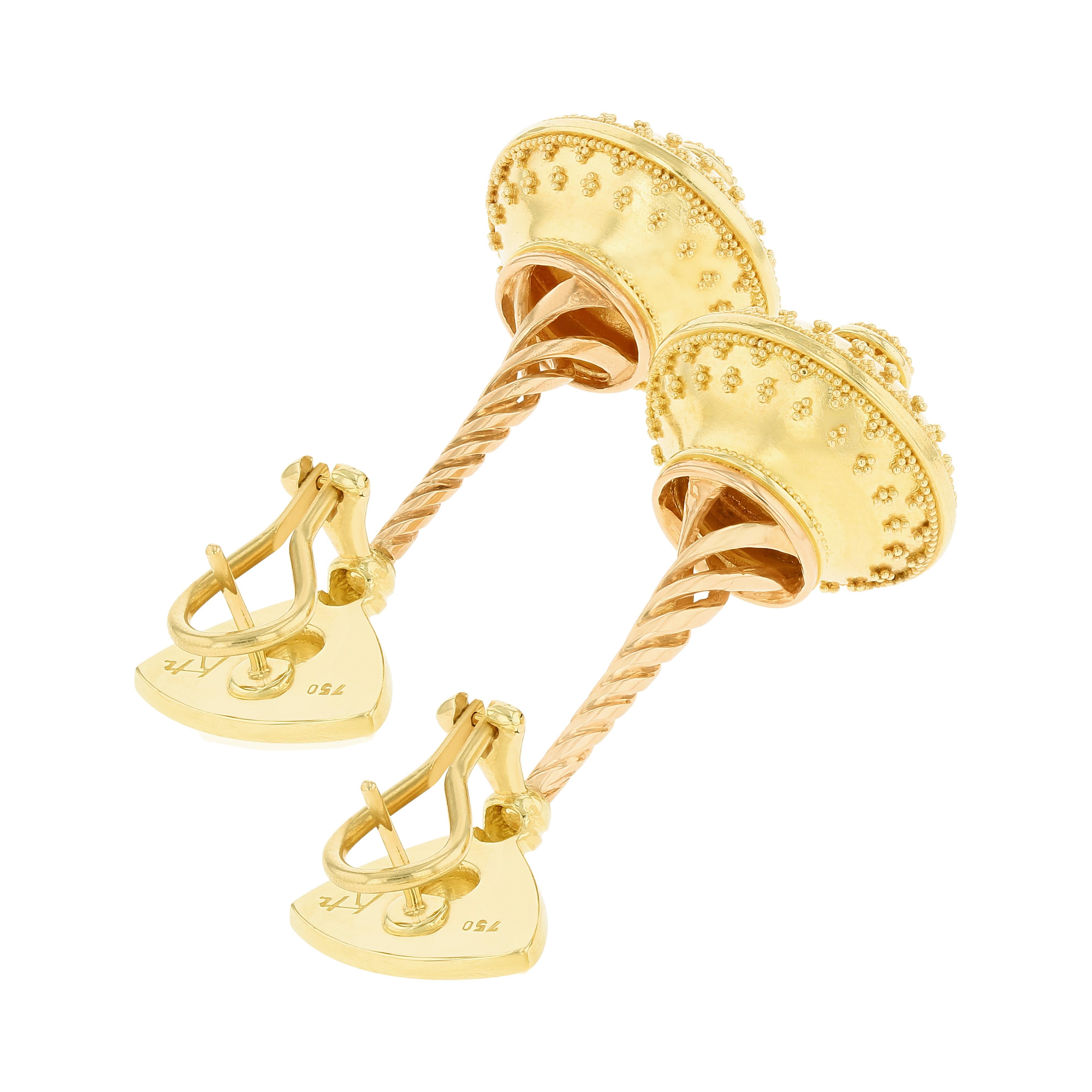 Kent Raible 18 Karat Gold Flying Saucer Chandelier Earrings with Granulation For Sale 2