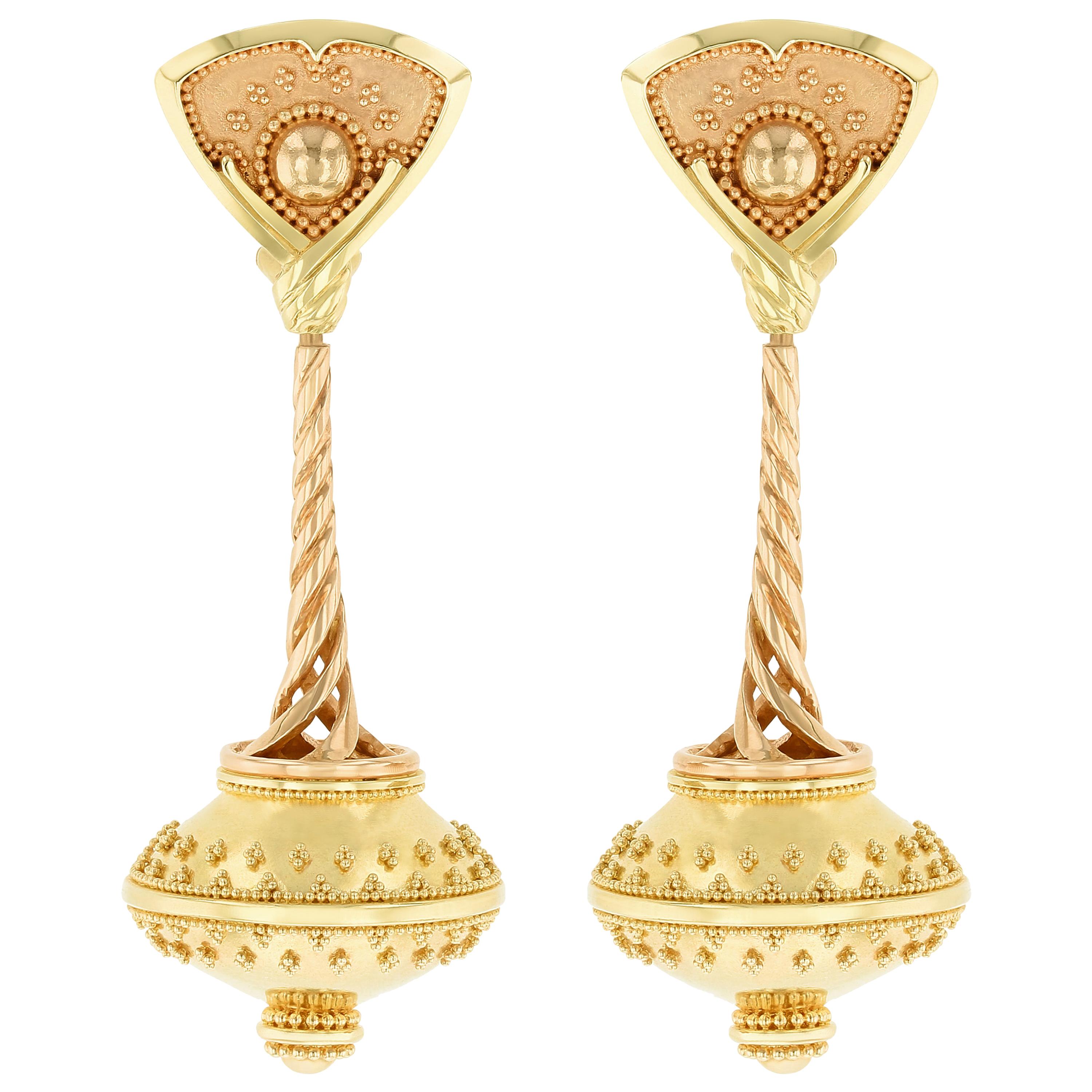 Kent Raible, boucles d'oreilles chandelier en or 18 carats avec granulation