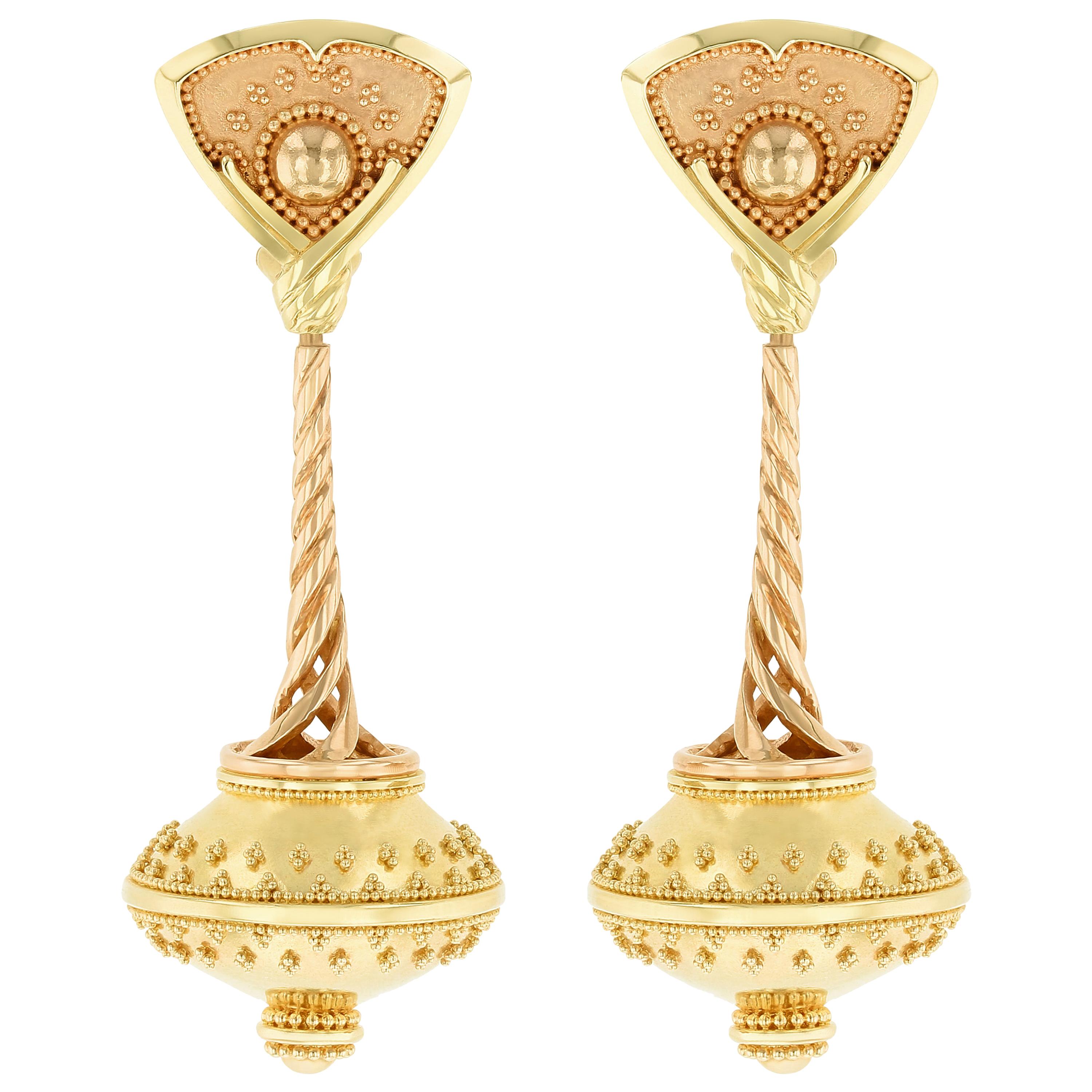 Kent Raible 18 Karat Gold Flying Saucer Chandelier Earrings with Granulation For Sale