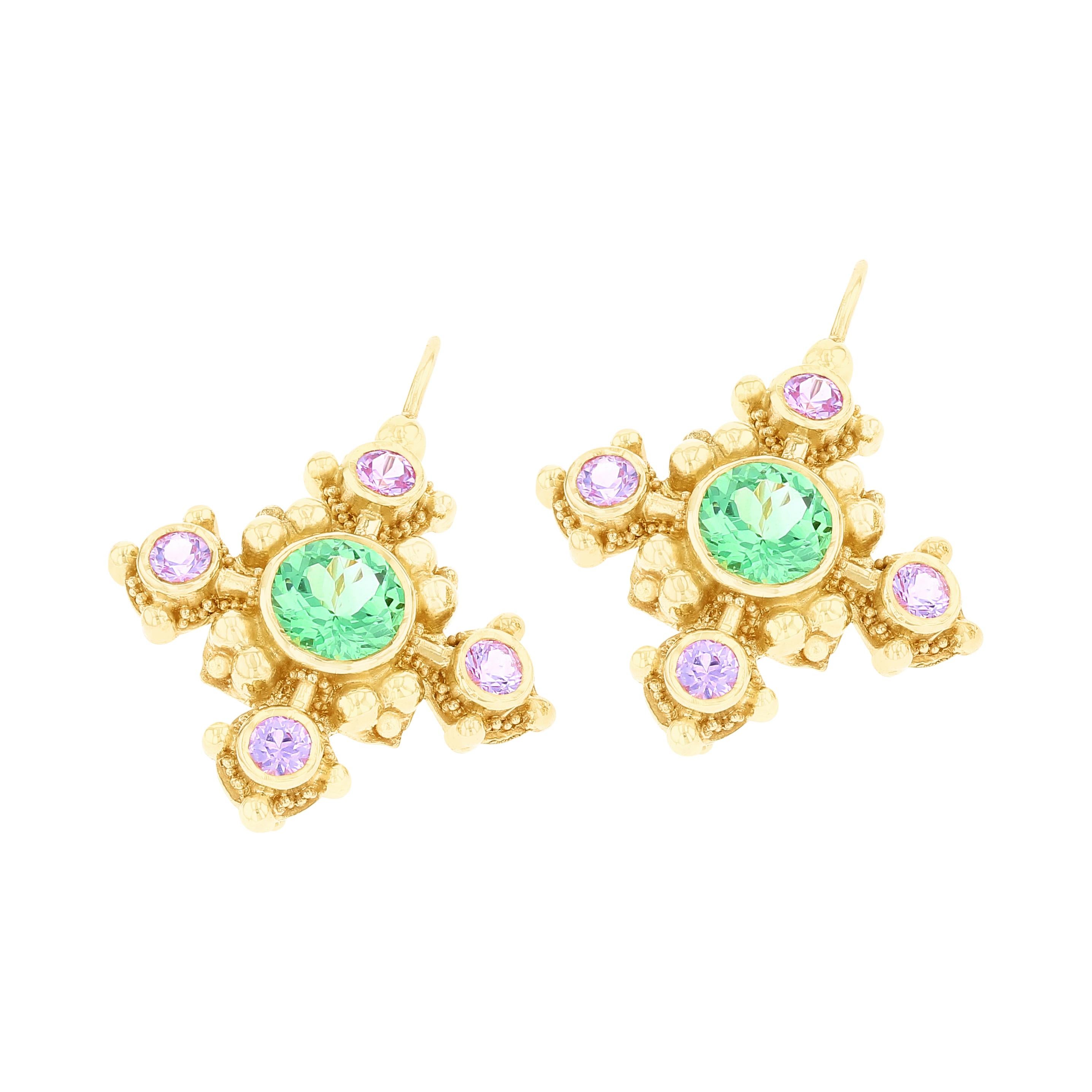 Contemporary Kent Raible 18 Karat Gold, Green Garnet and Pink Sapphire Drop Earrings