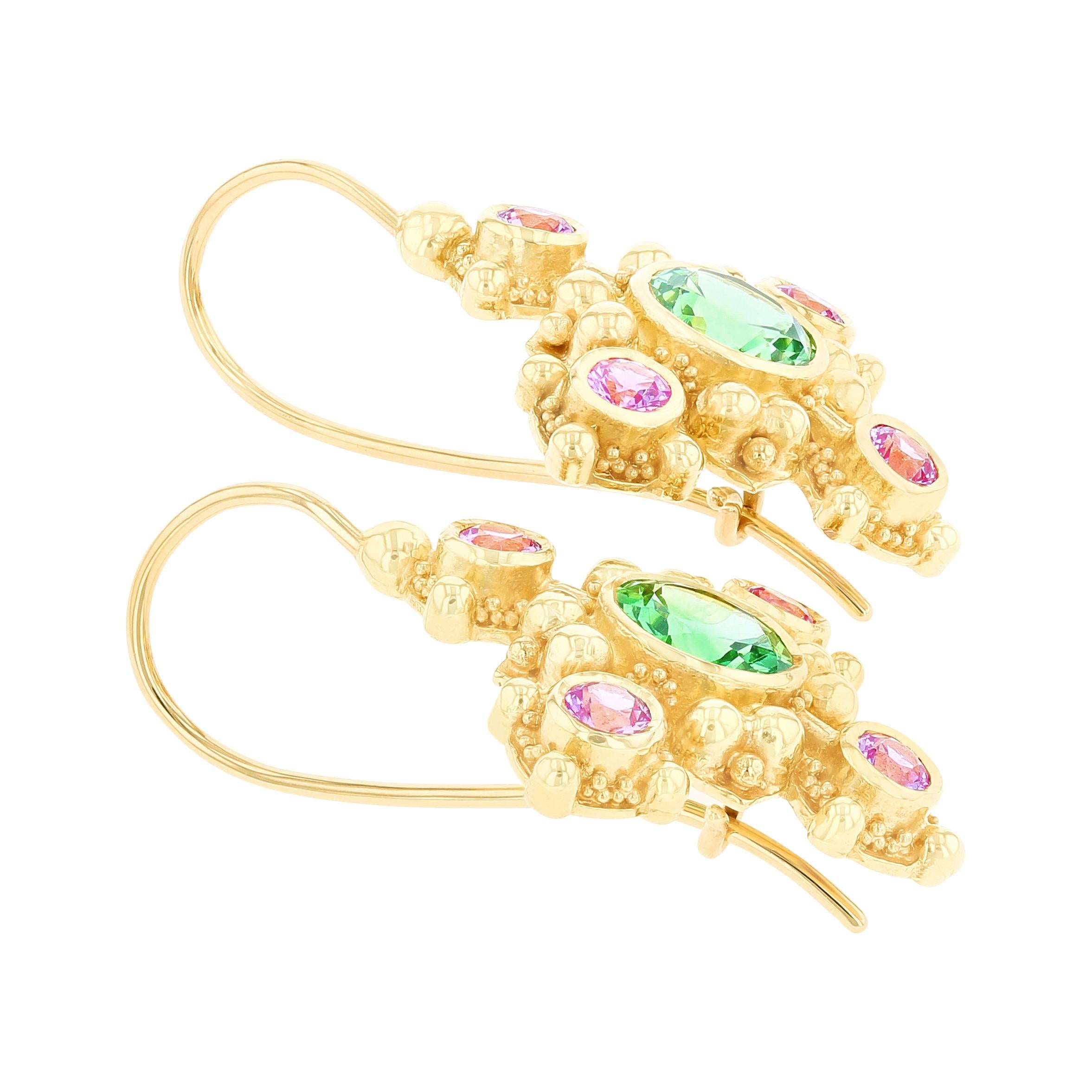 Kent Raible 18 Karat Gold, Green Garnet and Pink Sapphire Drop Earrings In New Condition In Mossrock, WA