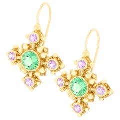 Kent Raible 18 Karat Gold, Green Garnet and Pink Sapphire Drop Earrings