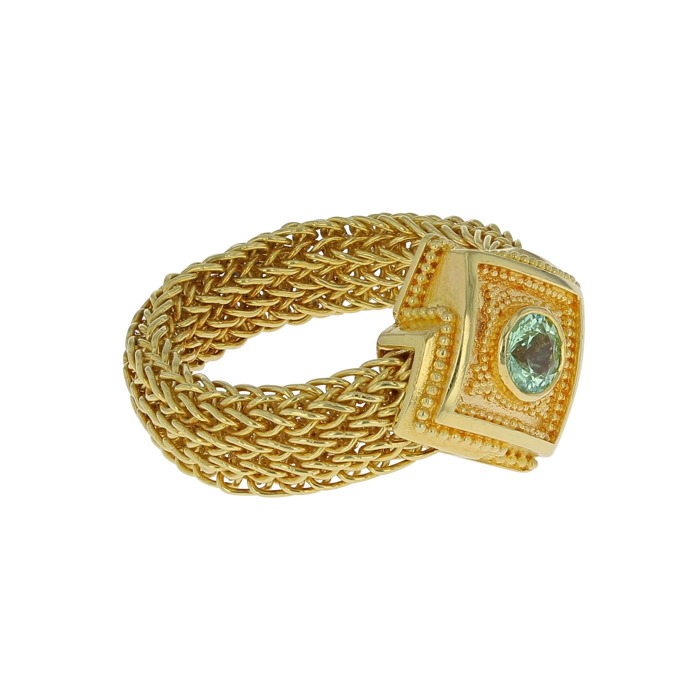 Kent Raible 18 Karat Gold Green Garnet Fashion Ring with Woven Chain In New Condition For Sale In Mossrock, WA