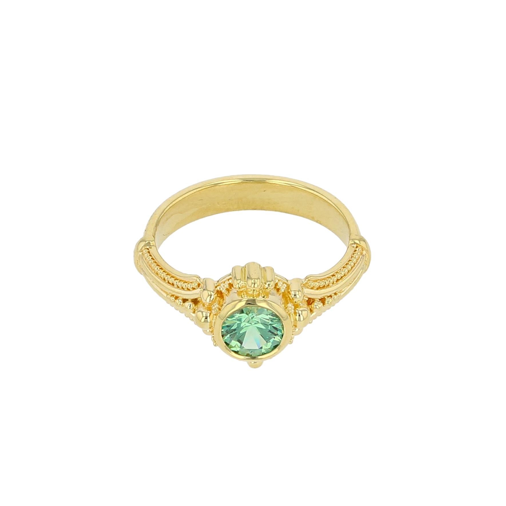 Artisan Kent Raible 18 Karat Gold Green Garnet Solitaire Ring with Fine Granulation