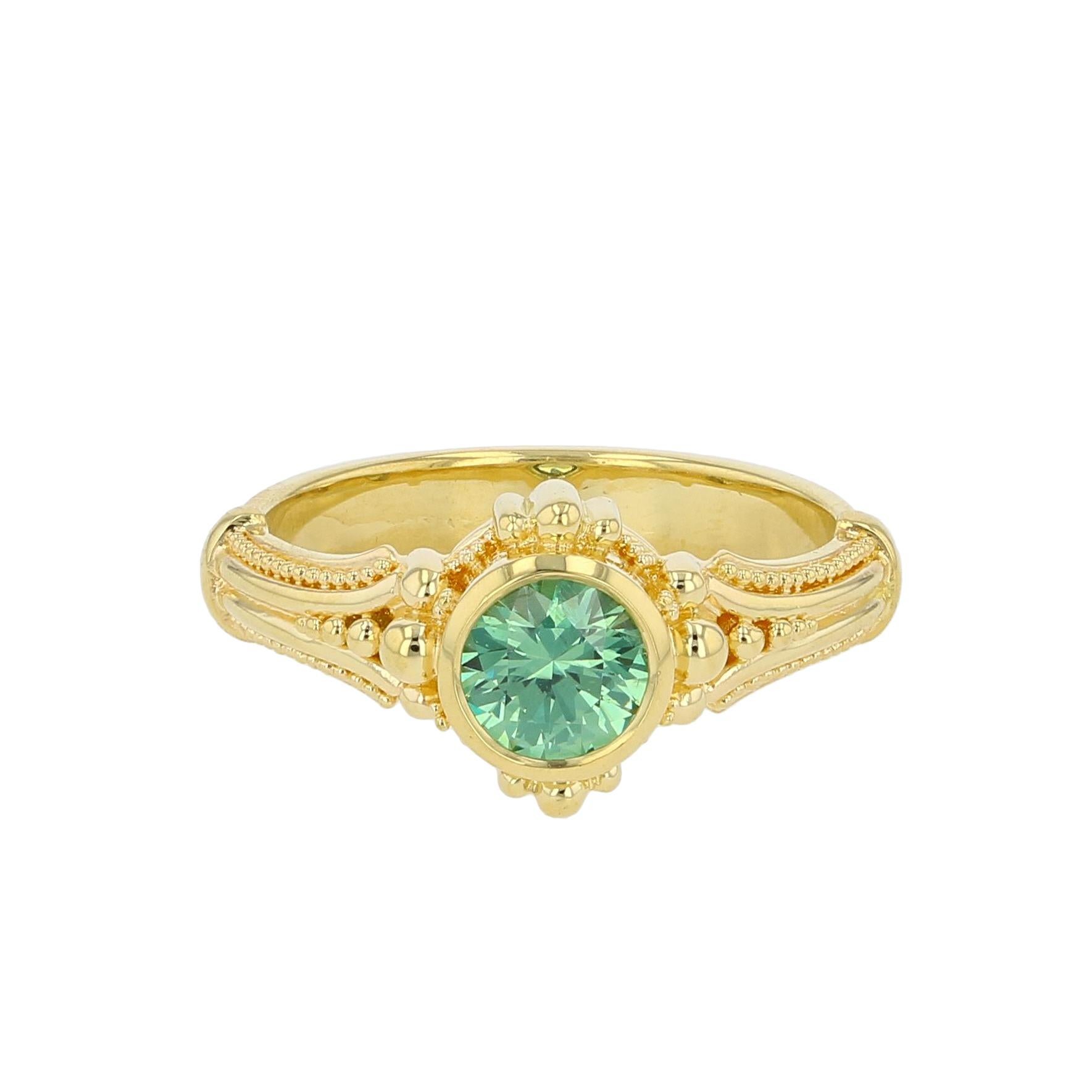 Mixed Cut Kent Raible 18 Karat Gold Green Garnet Solitaire Ring with Fine Granulation