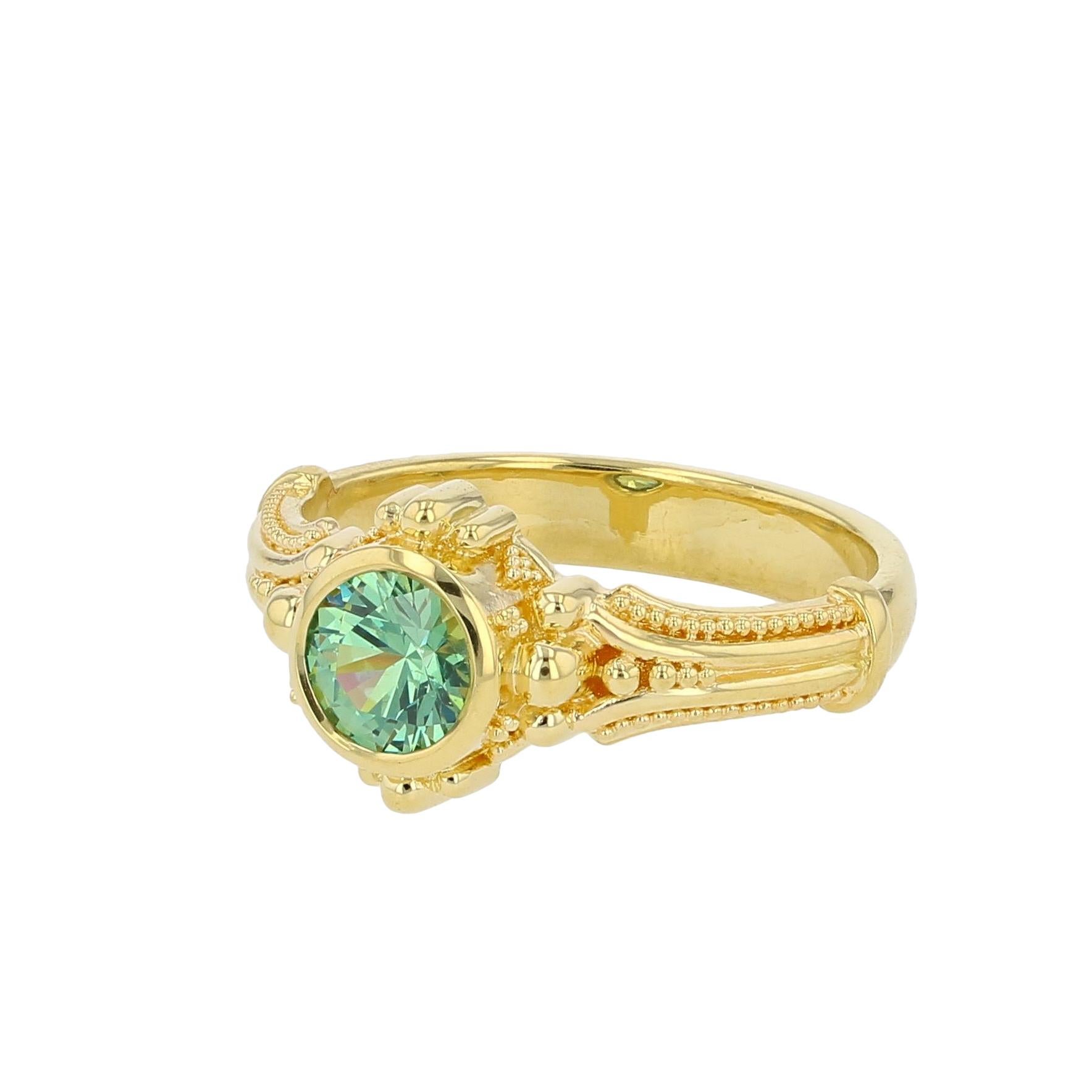 Women's or Men's Kent Raible 18 Karat Gold Green Garnet Solitaire Ring with Fine Granulation