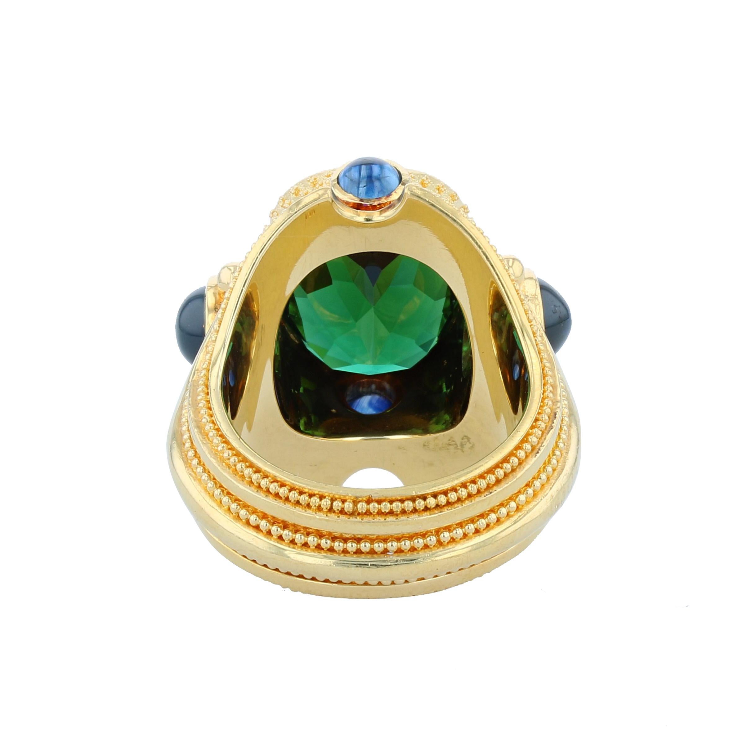 Kent Raible 18 Karat Gold Green Tourmaline and Blue Sapphire Cocktail Ring In New Condition In Mossrock, WA