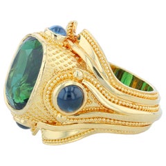 Kent Raible 18 Karat Gold Green Tourmaline and Blue Sapphire Cocktail Ring