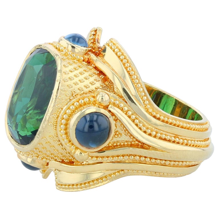 Kent Raible 18 Karat Gold Green Tourmaline and Blue Sapphire Cocktail Ring  For Sale at 1stDibs