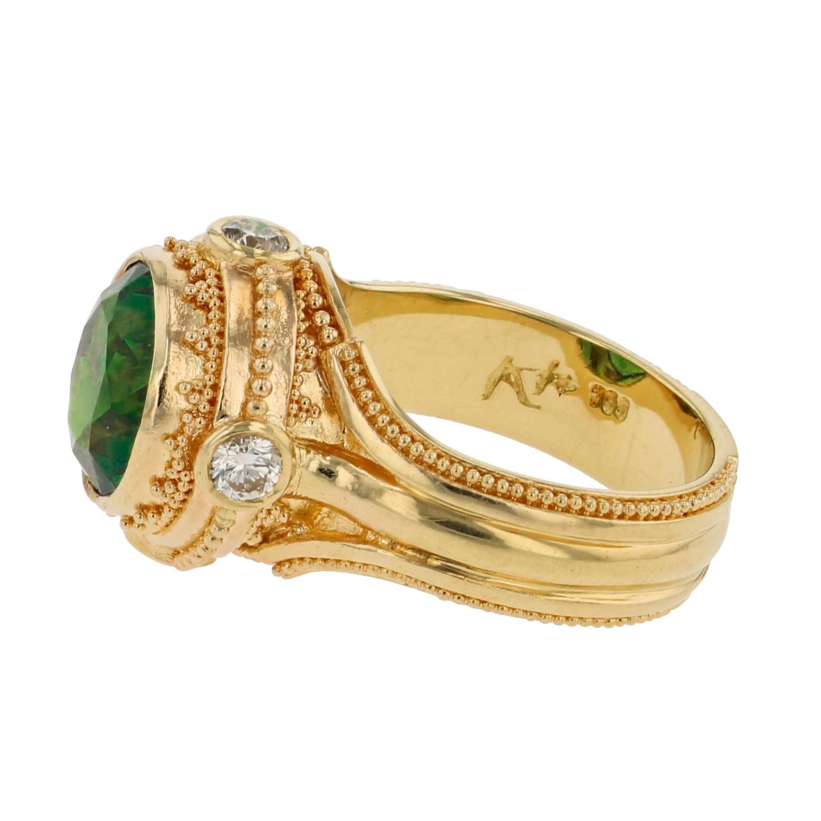Artisan Kent Raible 18 Karat Gold Green Tourmaline and Diamond Cocktail Ring For Sale