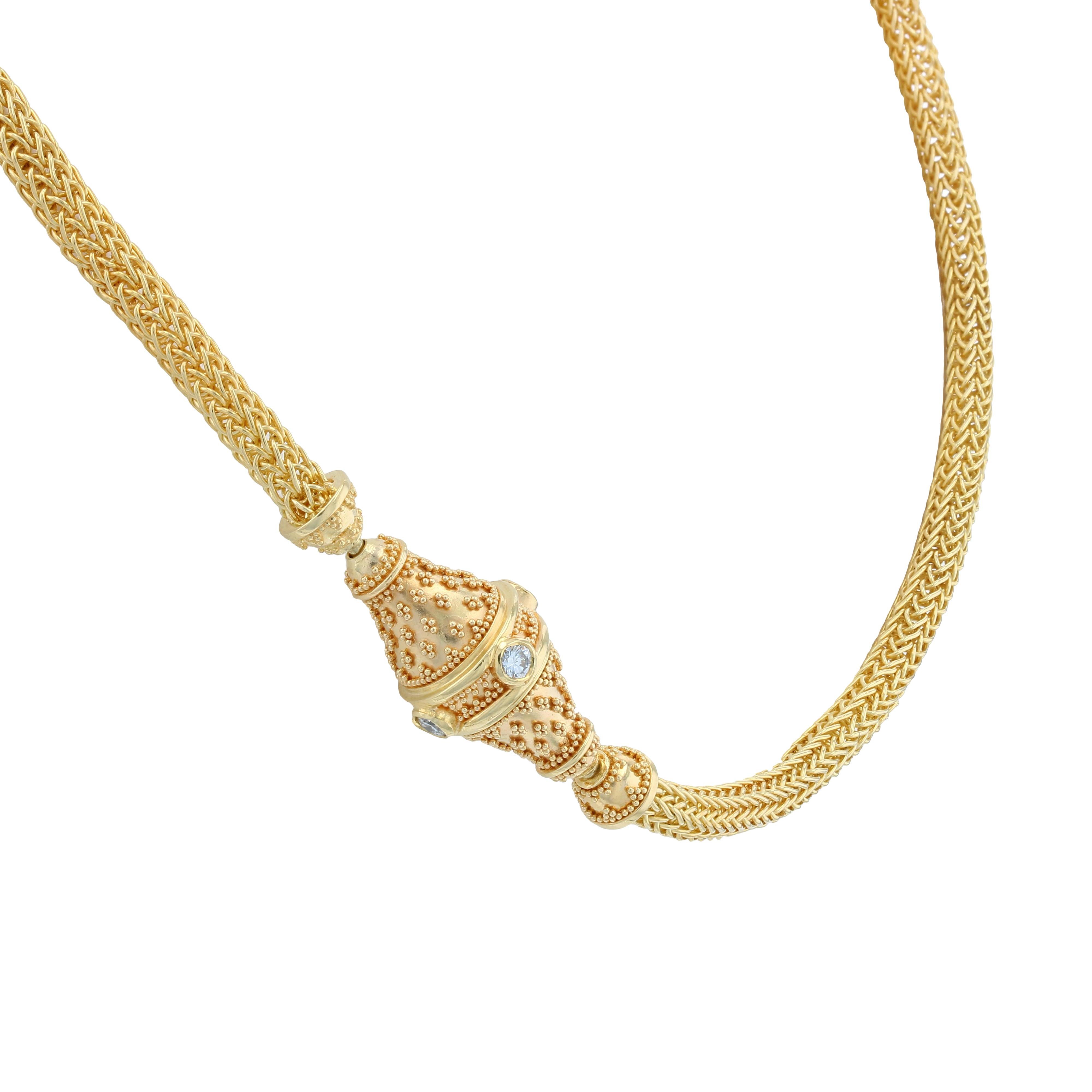 Contemporary Kent Raible 18 Karat Gold Hand Woven Chain with Diamond Clasp and Granulation