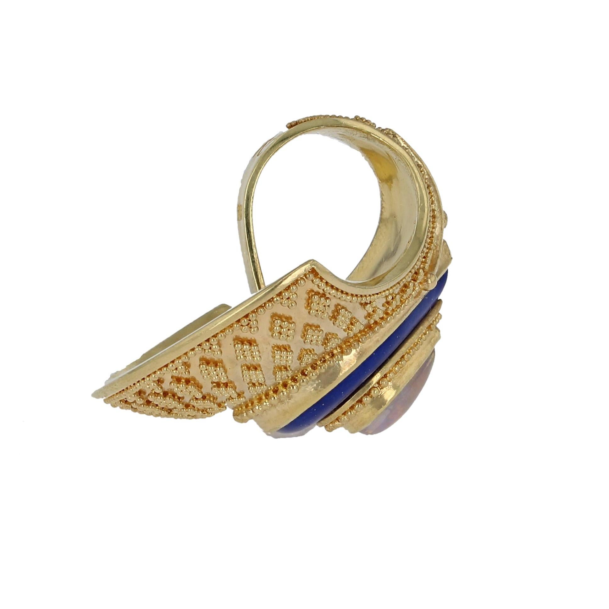 Women's or Men's Kent Raible 18 Karat Gold Lapis and Opal Shell Pendant with fine Granulation