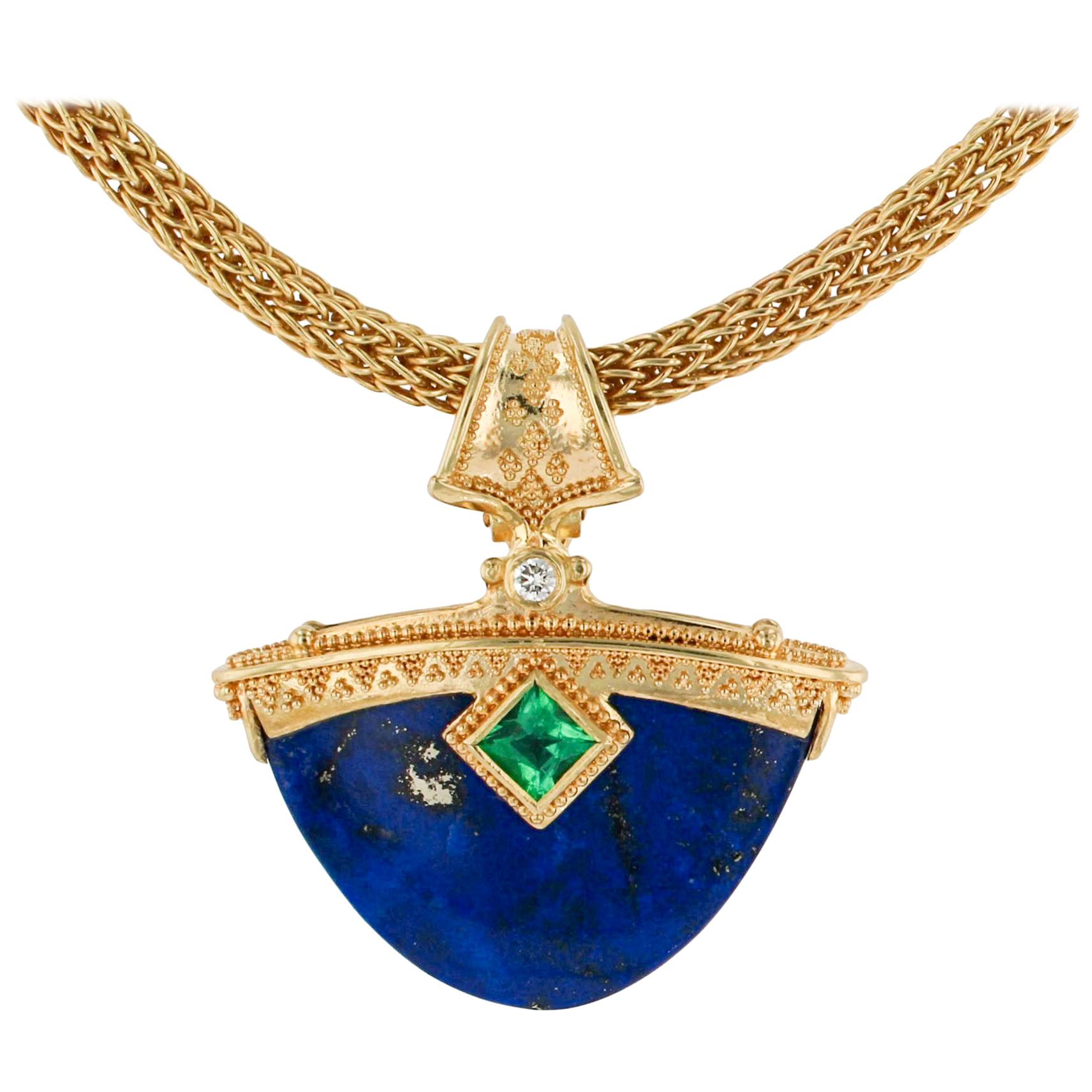Kent Raible 18 Karat Gold Lapis, Emerald, Diamond Necklace Enhancer, Granulation