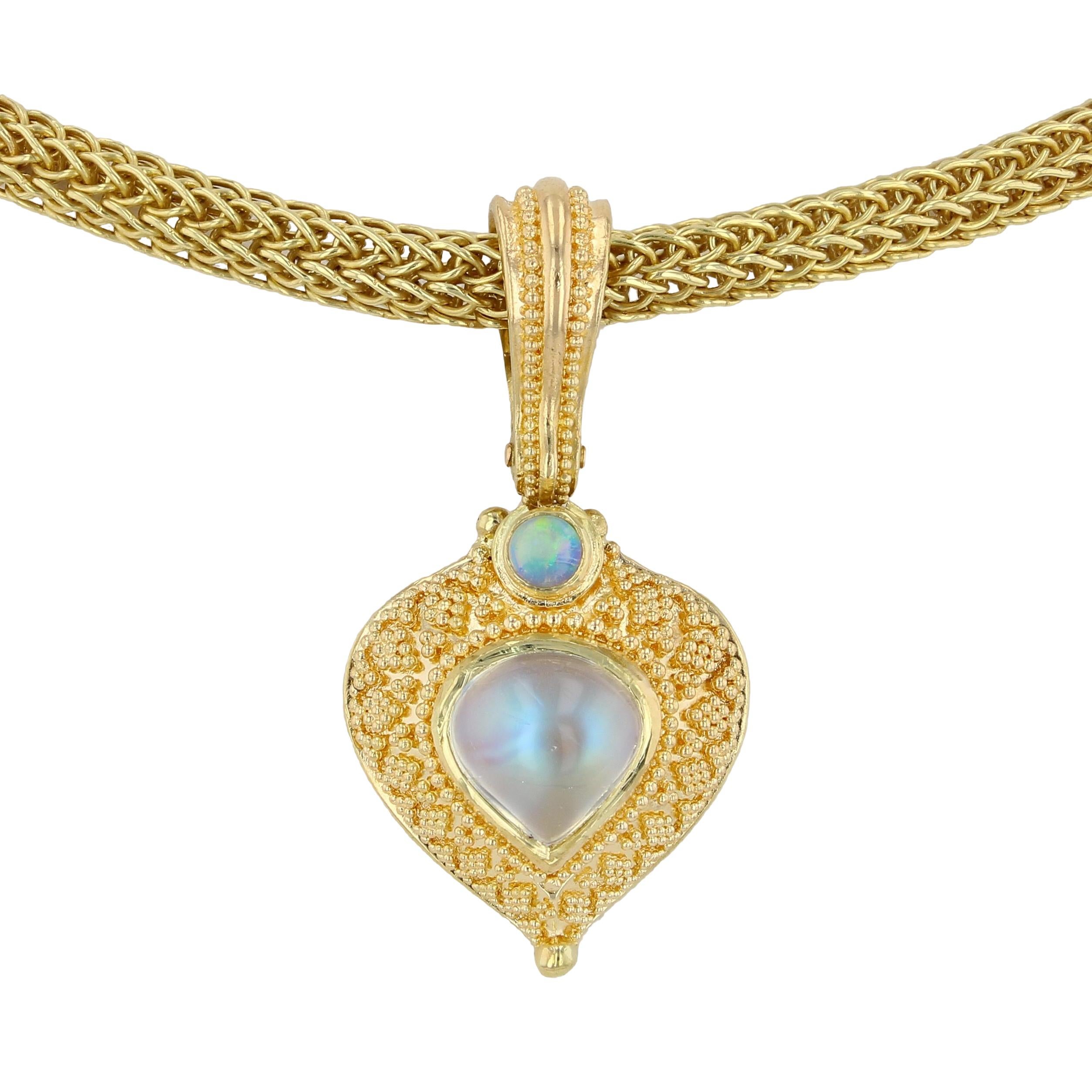 Artisan Kent Raible 18 Karat Gold Moonstone and Opal Pendant with Granulation