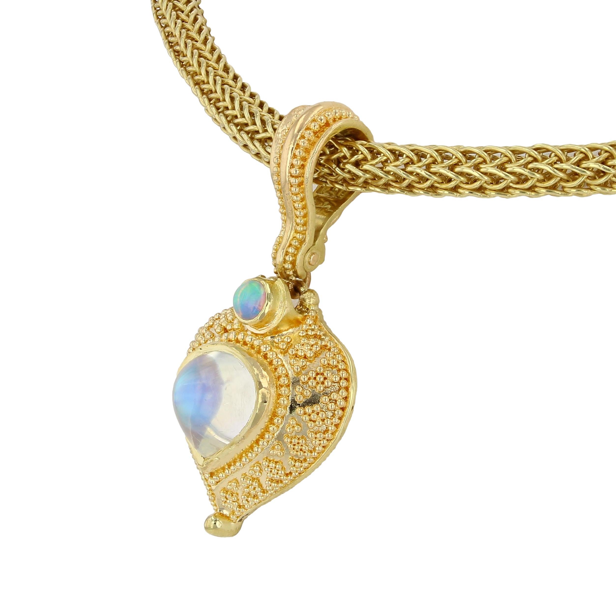 Cabochon Kent Raible 18 Karat Gold Moonstone and Opal Pendant with Granulation