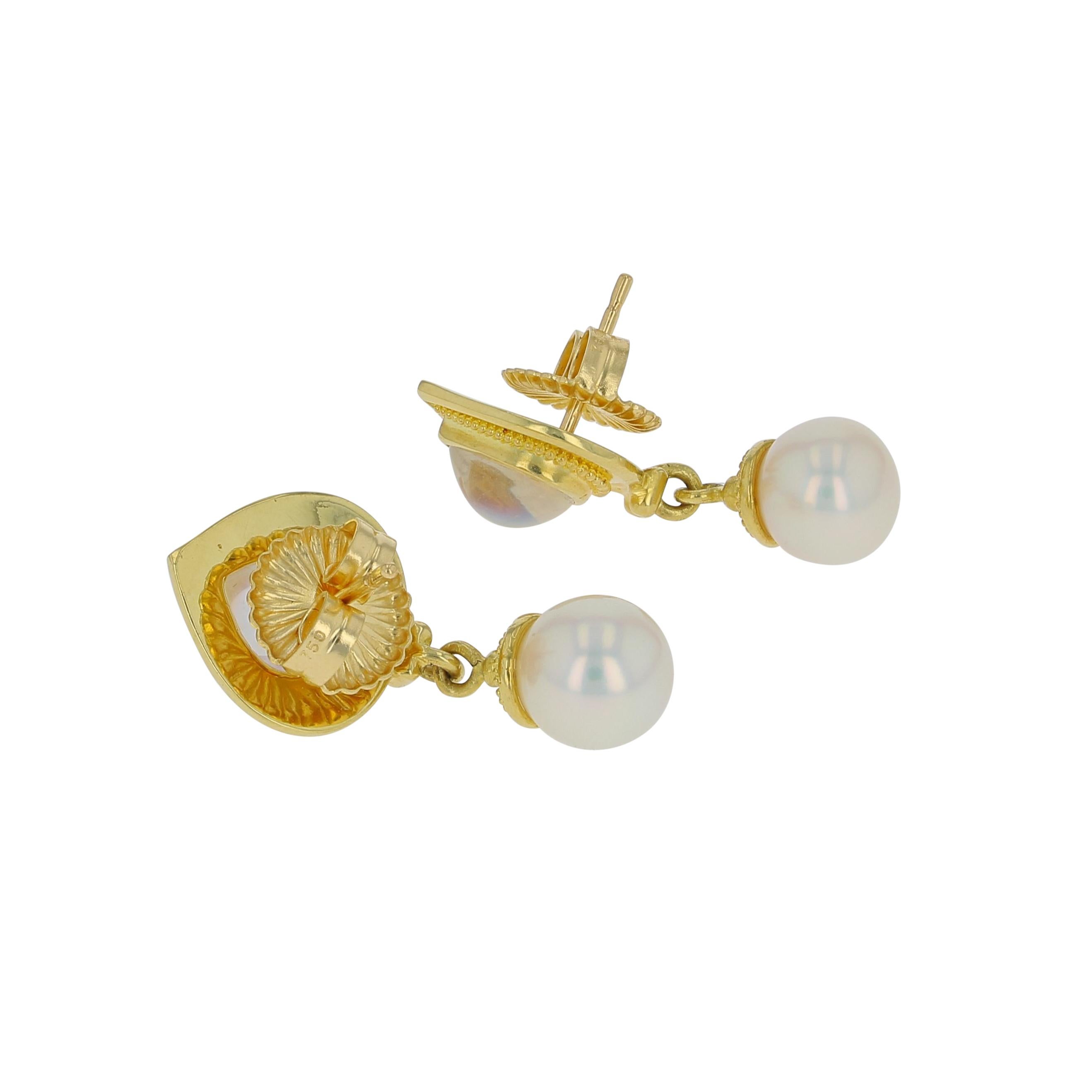 Cabochon Kent Raible 18 Karat Gold Moonstone and Pearls Drop Earrings with Granulation For Sale