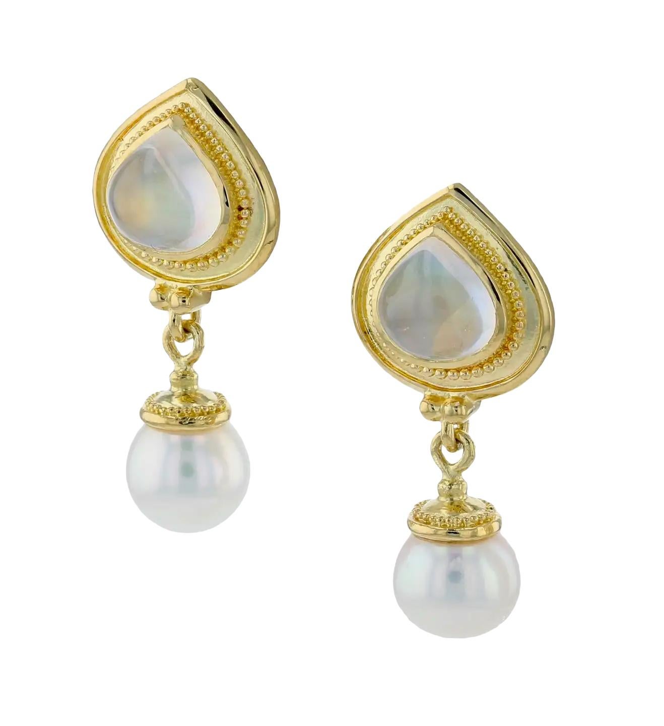 da uomo o donna Orecchini pendenti con pietra di luna e perle in oro 18 carati di Kent Raible con granulazione in vendita