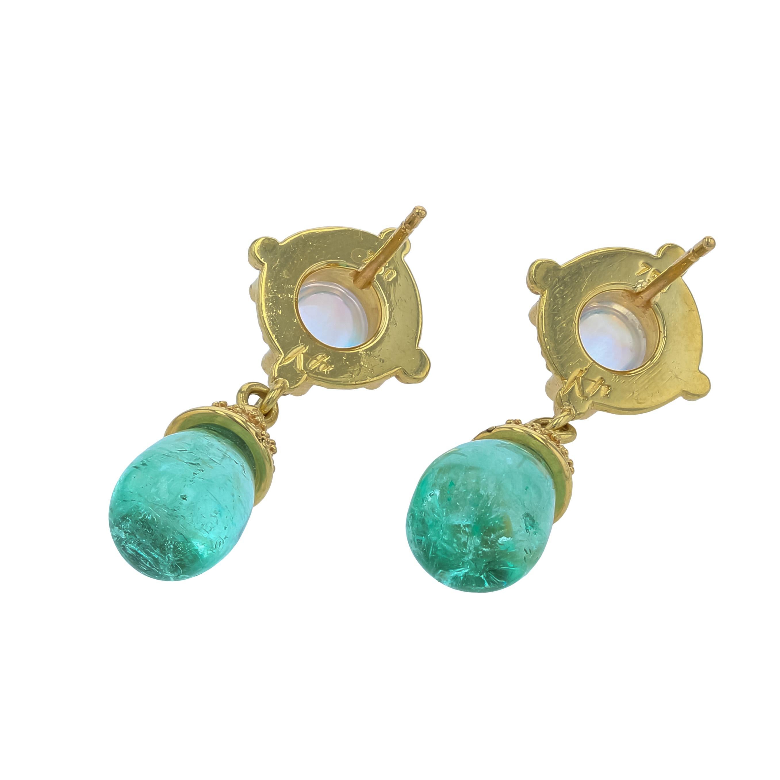 Contemporary Kent Raible 18 Karat Gold Moonstone Dangle Earrings with Emerald and Granulation