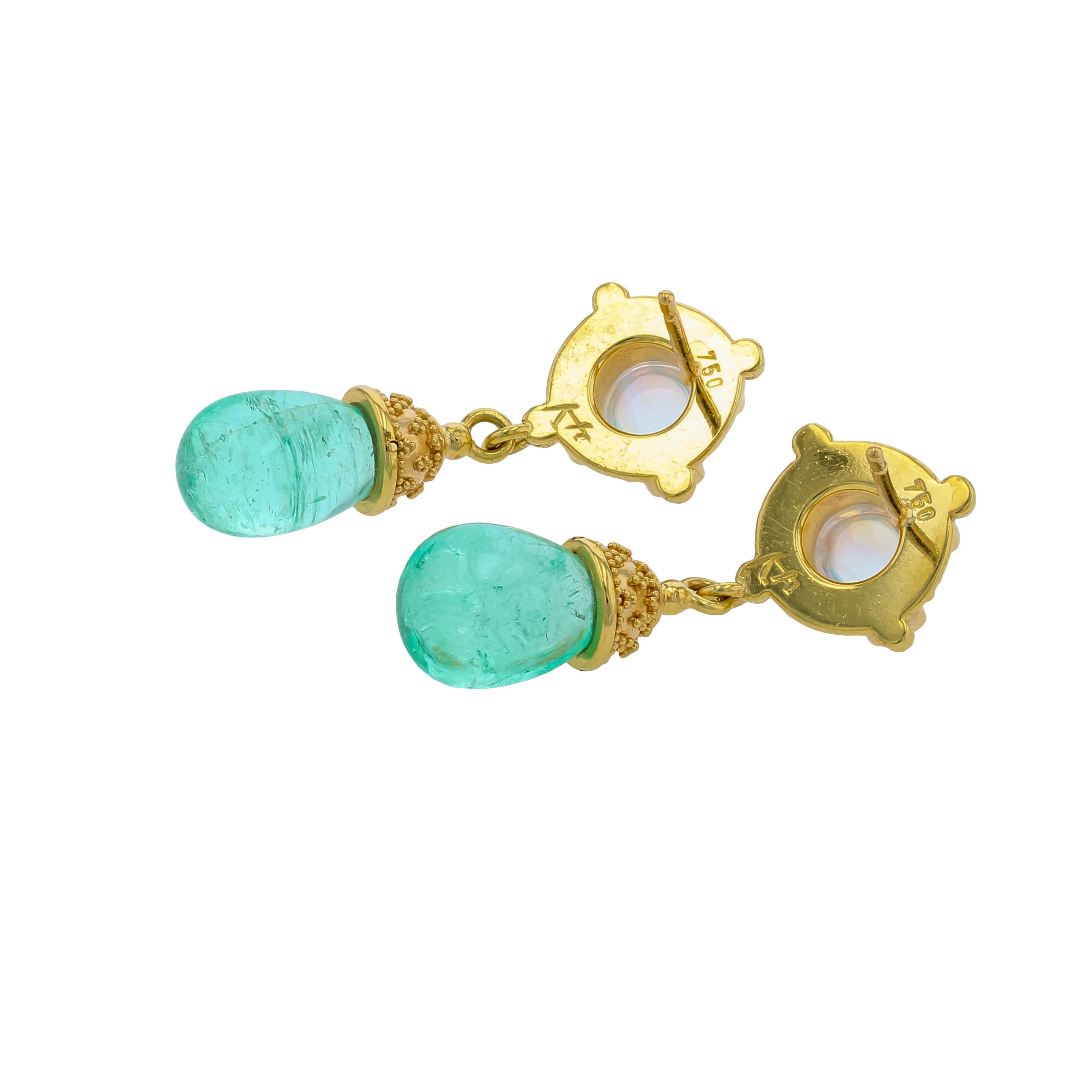 Mixed Cut Kent Raible 18 Karat Gold Moonstone Dangle Earrings with Emerald and Granulation