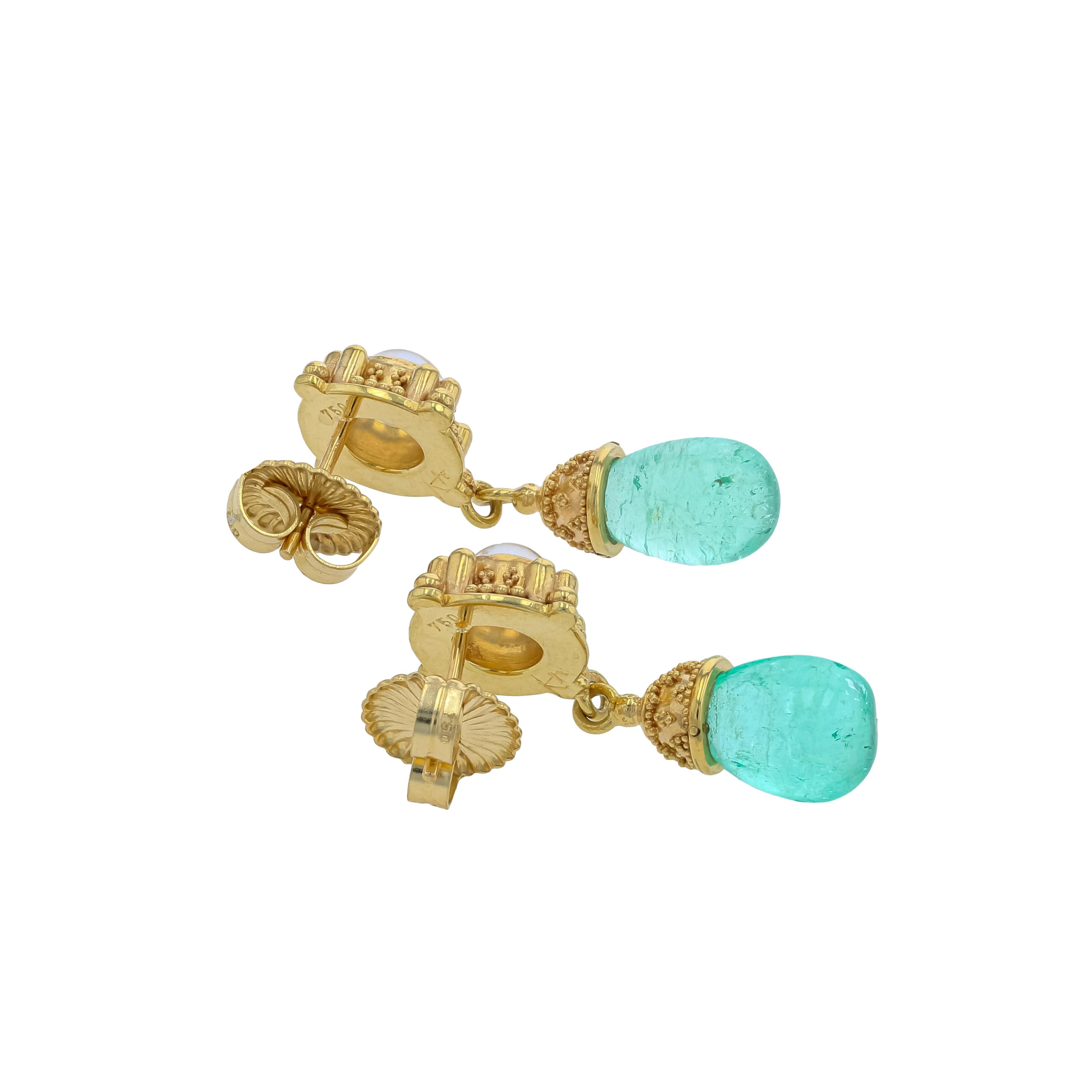 Women's or Men's Kent Raible 18 Karat Gold Moonstone Dangle Earrings with Emerald and Granulation