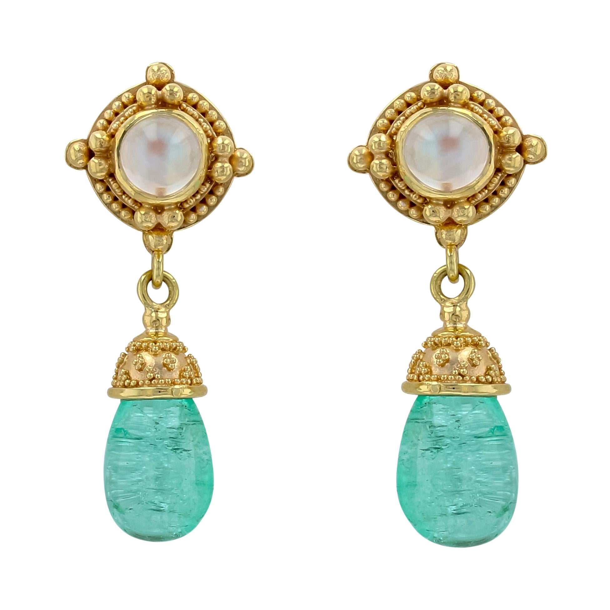 Kent Raible 18 Karat Gold Moonstone Dangle Earrings with Emerald and Granulation