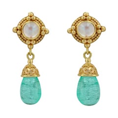 Kent Raible 18 Karat Gold Moonstone Dangle Earrings with Emerald and Granulation