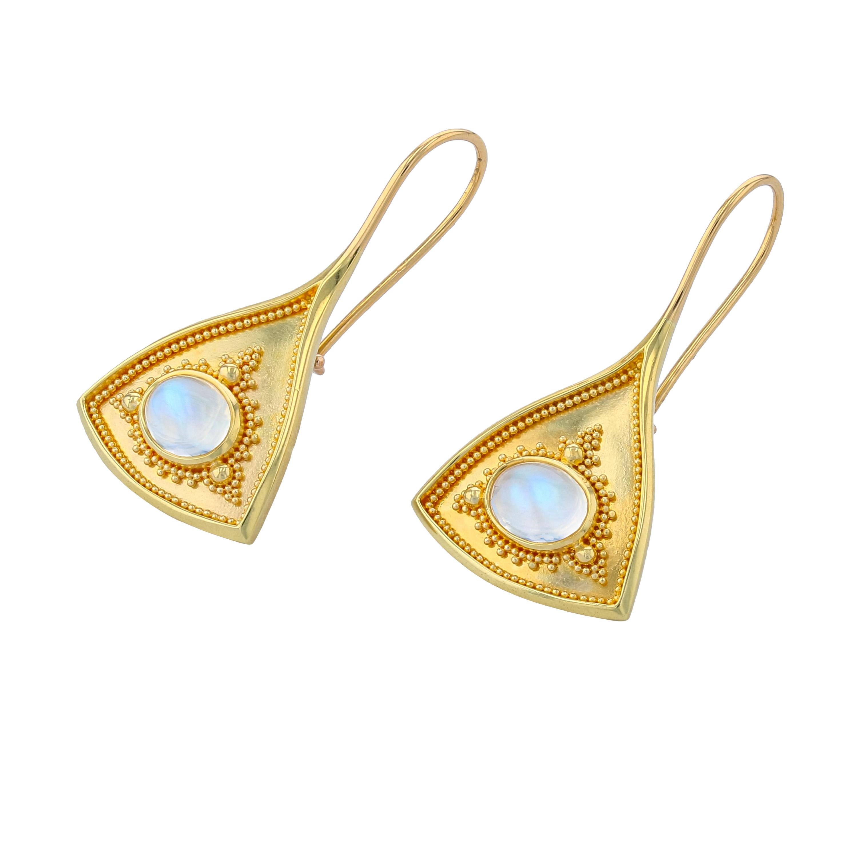 Oval Cut Kent Raible 18 Karat Gold Moonstone Drop Earrings with Gold Granulation For Sale