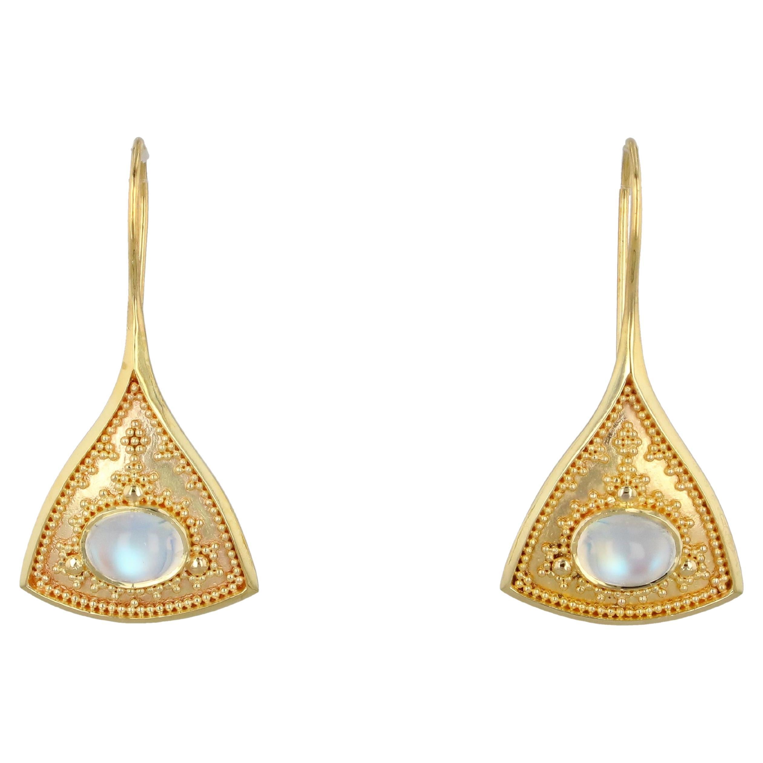 Kent Raible 18 Karat Gold Moonstone Drop Earrings with Gold Granulation