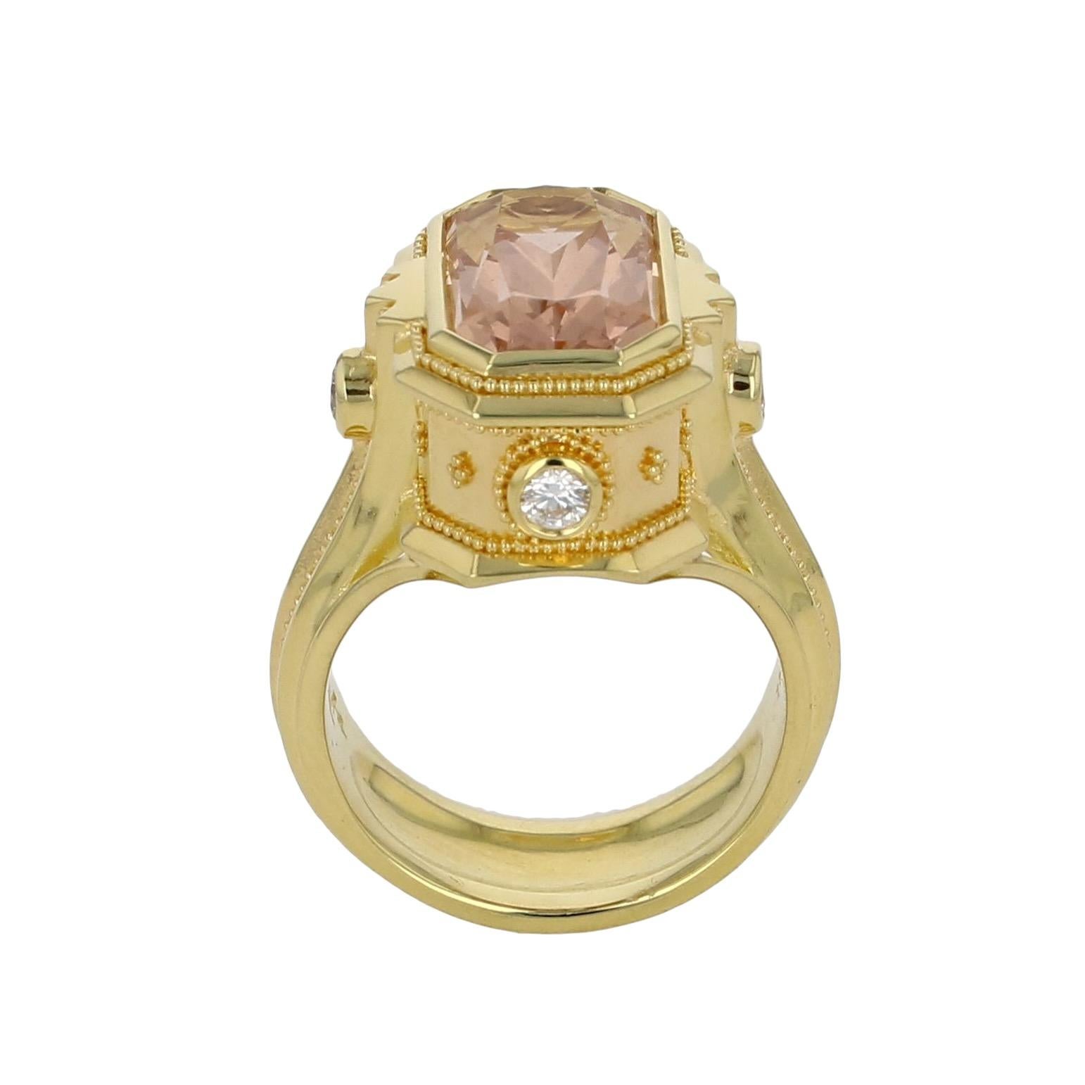 Kent Raible 18 Karat Gold Morganite and Diamond Cocktail Ring with Granulation For Sale 3