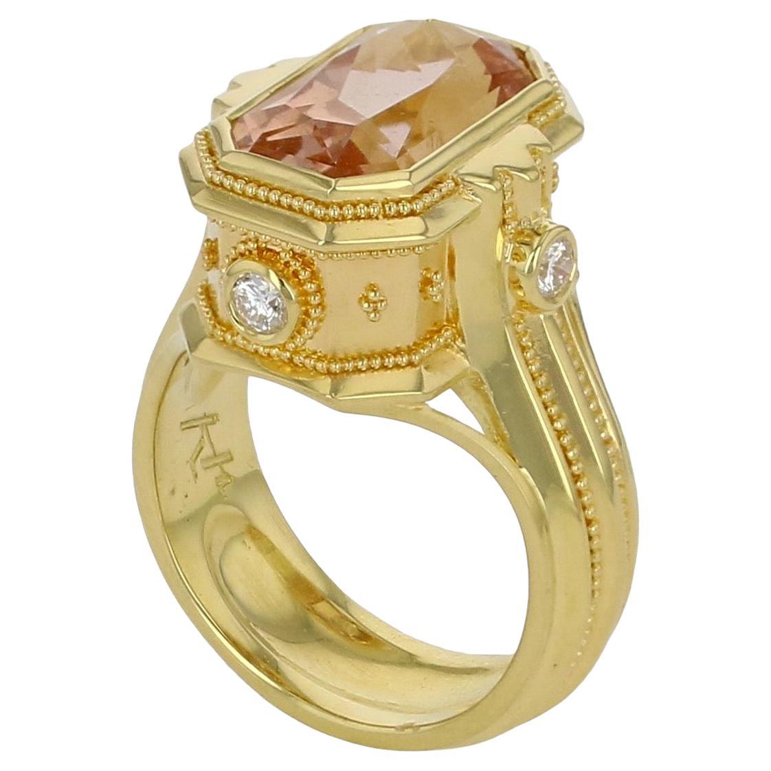 Kent Raible 18 Karat Gold Morganite and Diamond Cocktail Ring with Granulation