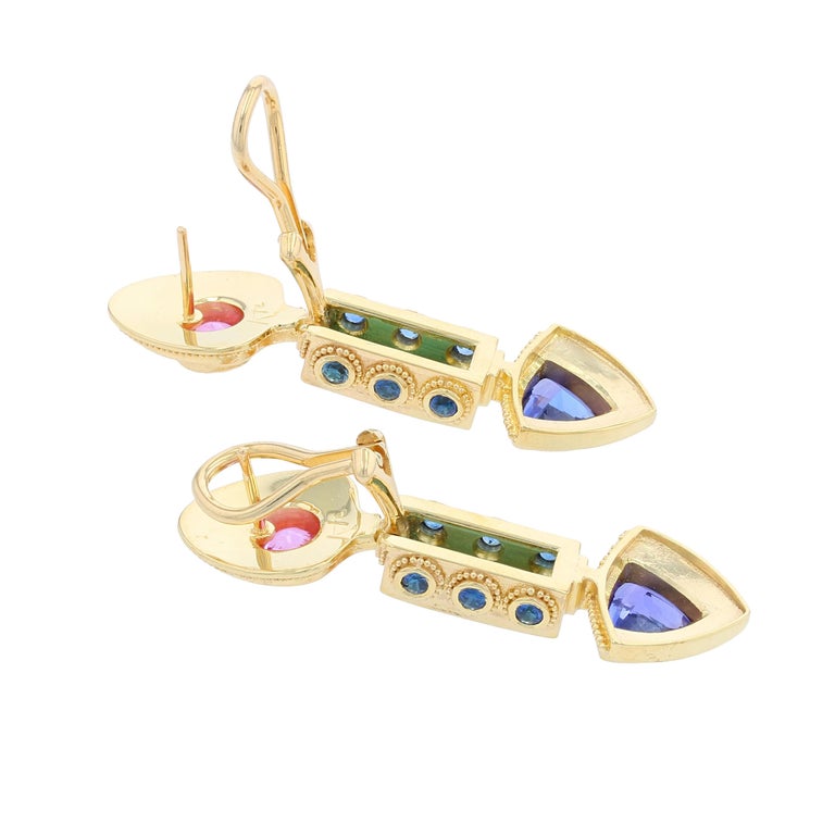 Kent Raible 18 Karat Gold Multi Gemstone Drop Earrings with Fine Granulation In New Condition For Sale In Mossrock, WA