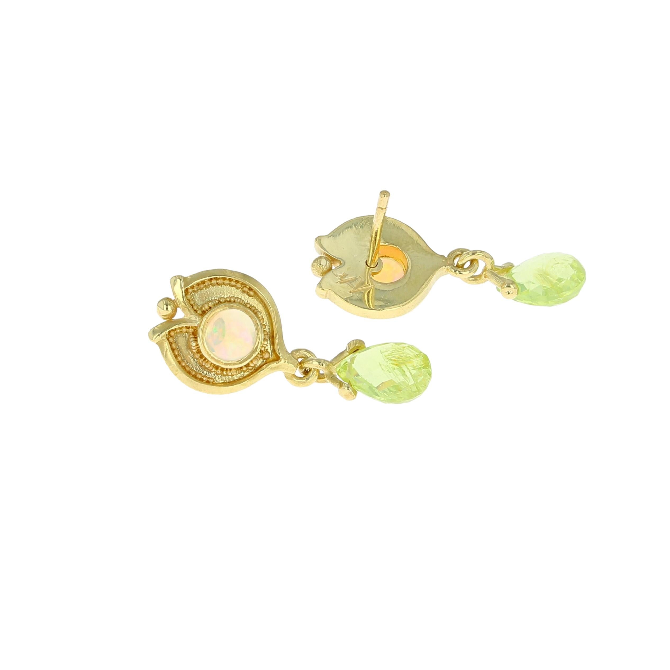 Mixed Cut Kent Raible 18 Karat Gold Opal and Chrysoberyl Drop Earrings with Granulation For Sale
