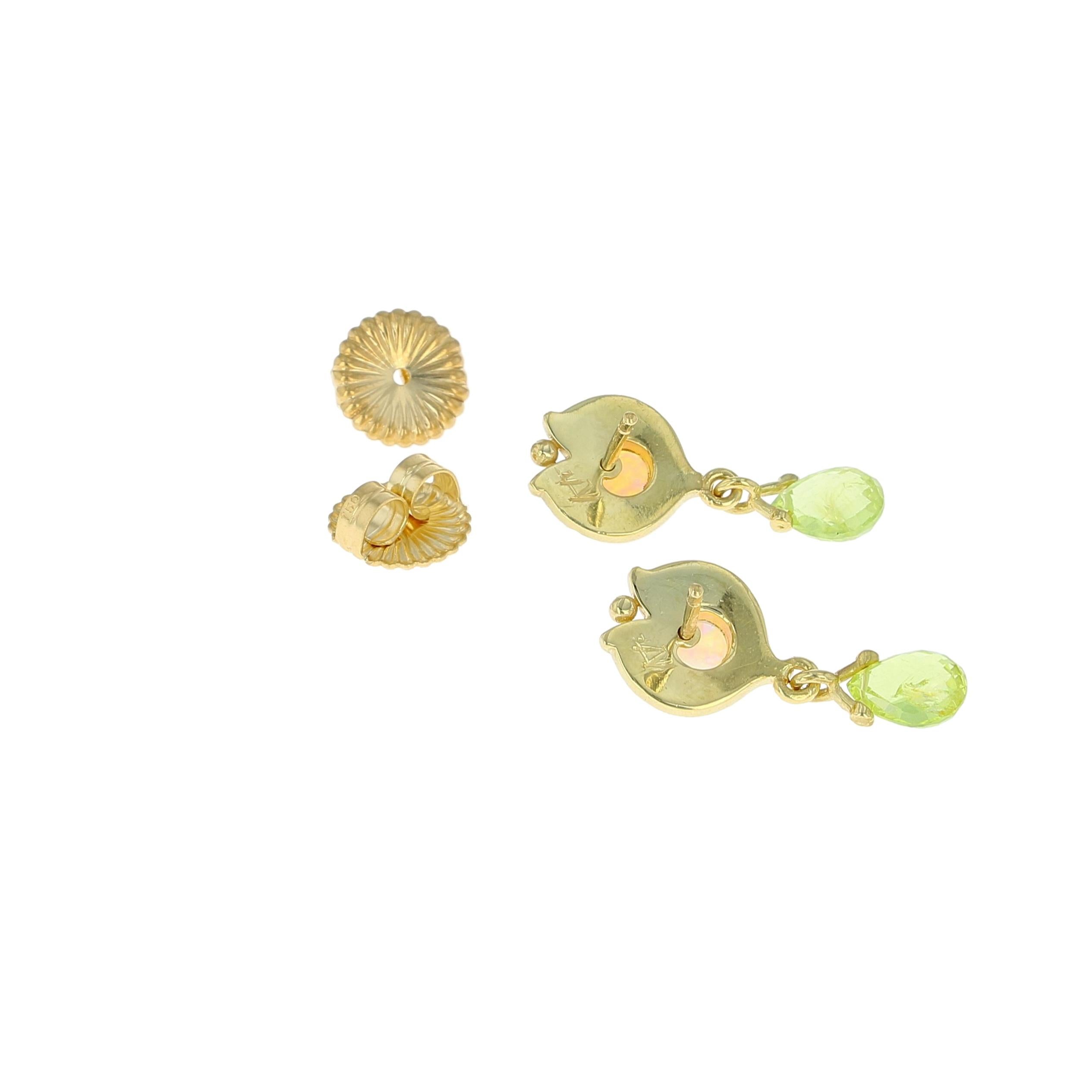 Kent Raible 18 Karat Gold Opal and Chrysoberyl Drop Earrings with Granulation In New Condition For Sale In Mossrock, WA