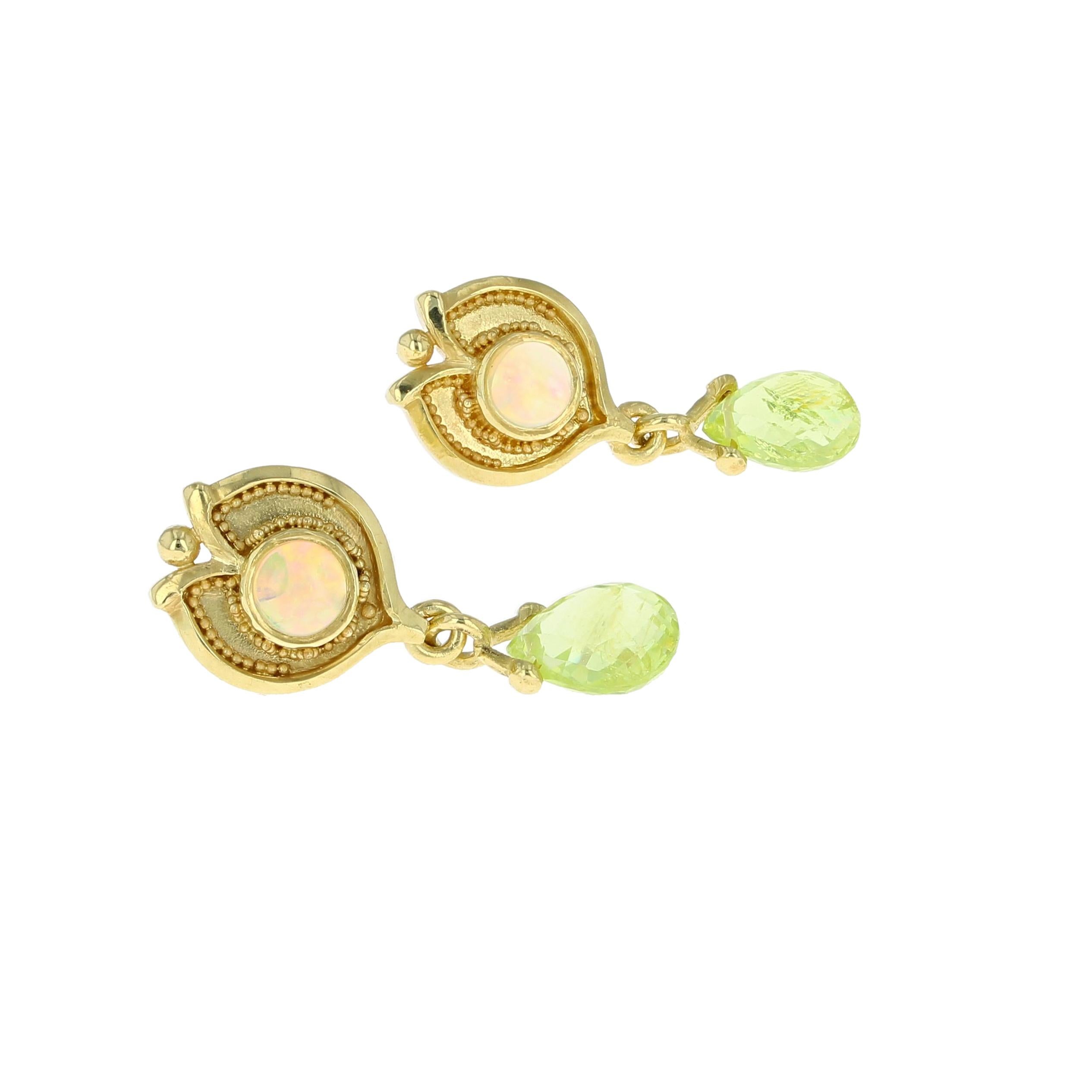 Women's or Men's Kent Raible 18 Karat Gold Opal and Chrysoberyl Drop Earrings with Granulation For Sale