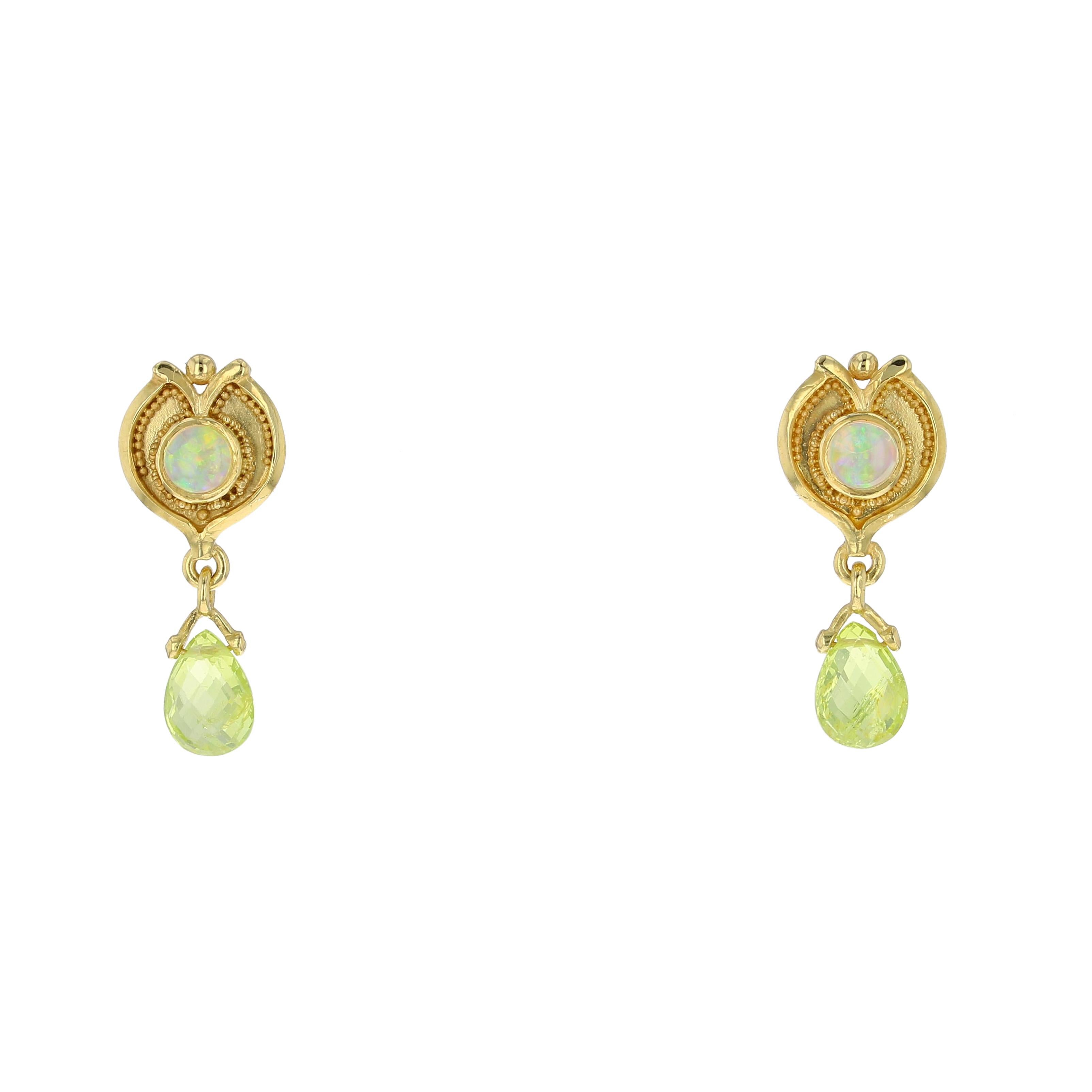 Kent Raible 18 Karat Gold Opal and Chrysoberyl Drop Earrings with Granulation For Sale 1