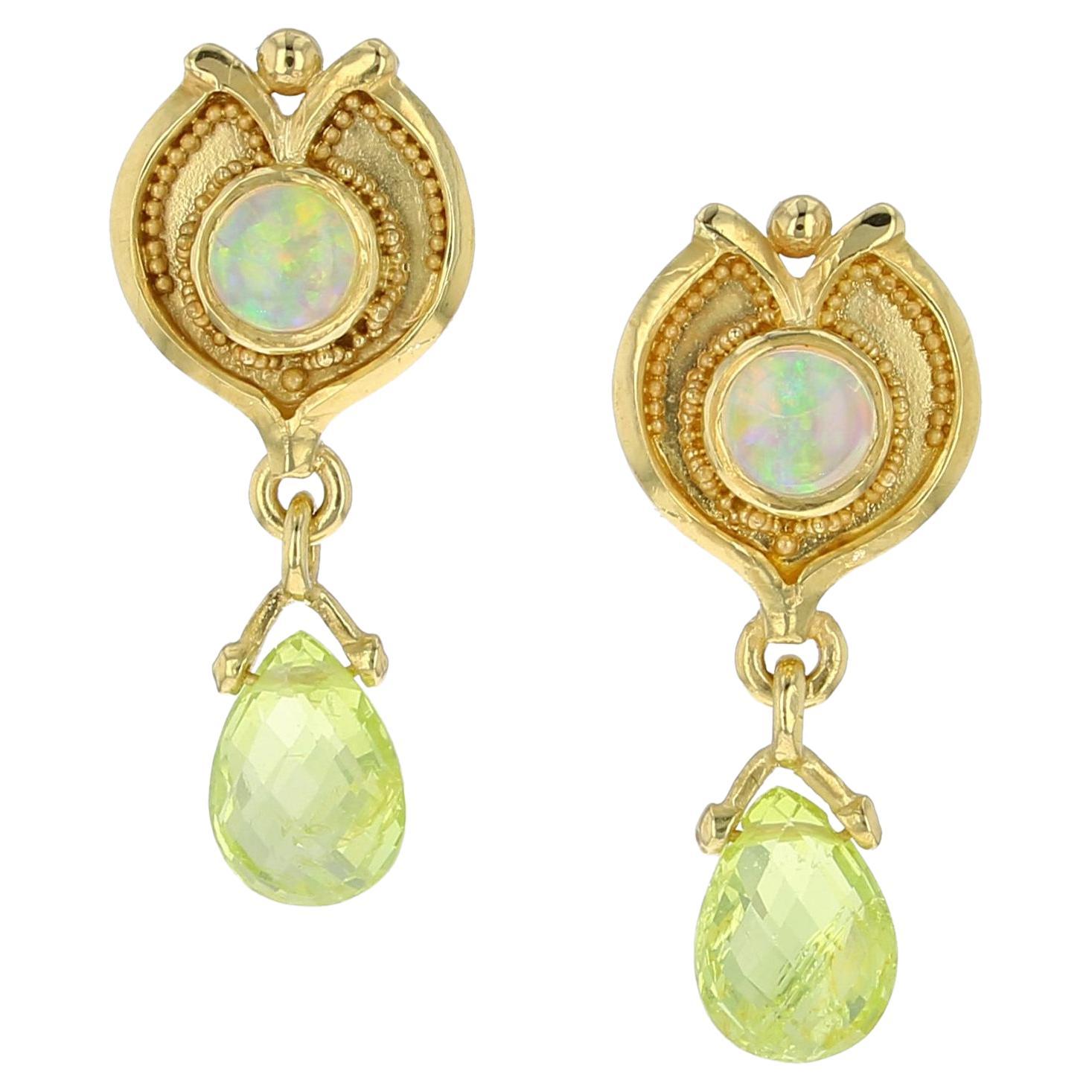 Kent Raible 18 Karat Gold Opal and Chrysoberyl Drop Earrings with Granulation For Sale